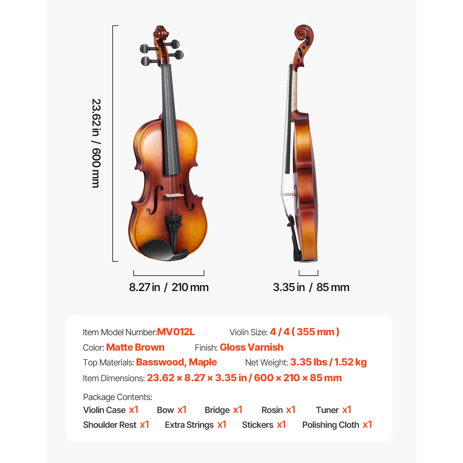 VEVOR 4/4 Full Size Violin for Adults, Violin Fiddle Set for Beginners with Hard Case, Rosin, Bow, Shoulder Rest, Bridge, Tuner and Extra Strings,