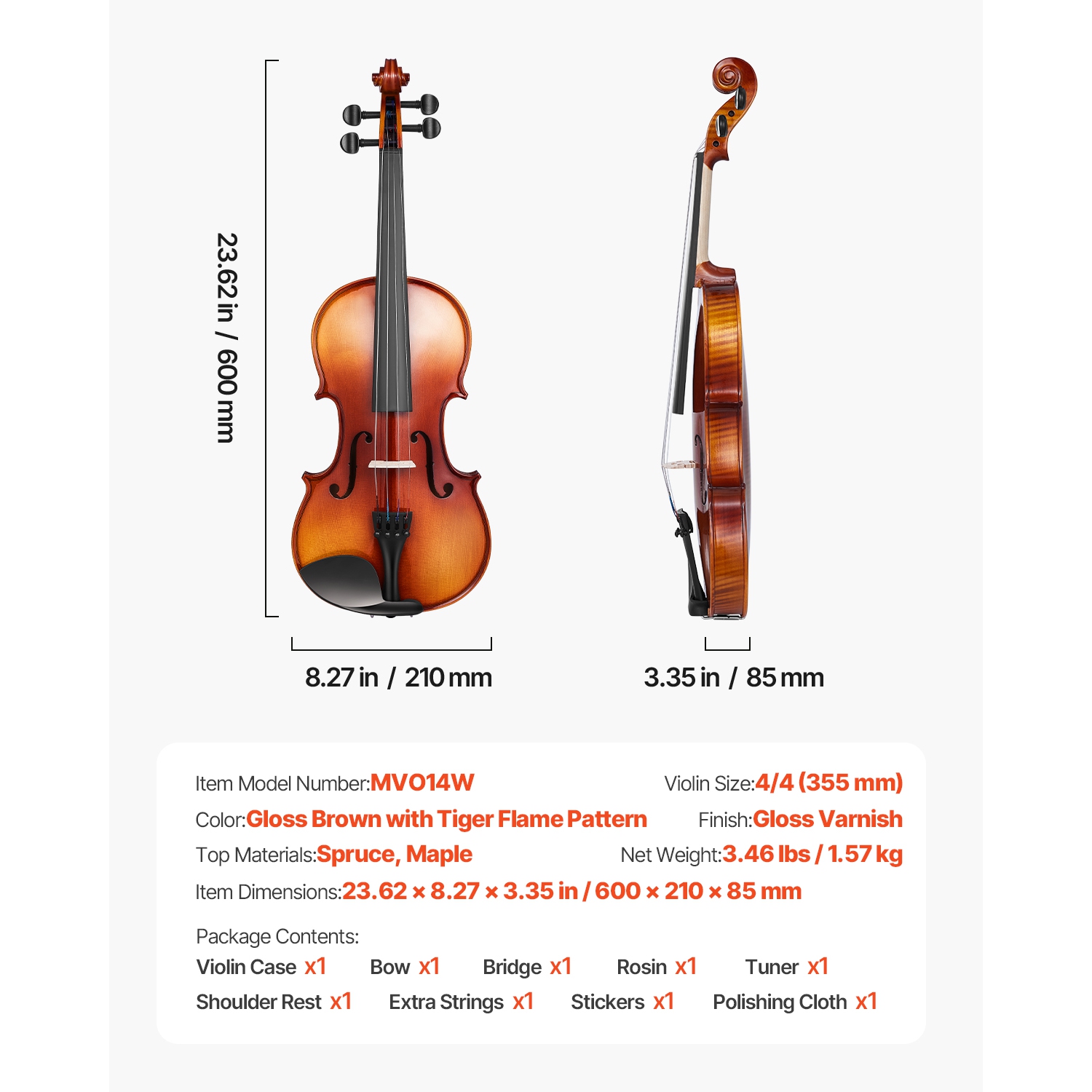 Violon pleine grandeur VEVOR 4/4 pour adultes, ensemble de violon pour étudiant débutant avec étui rigide, Rosin, boucle, épaulement, pont, cordes