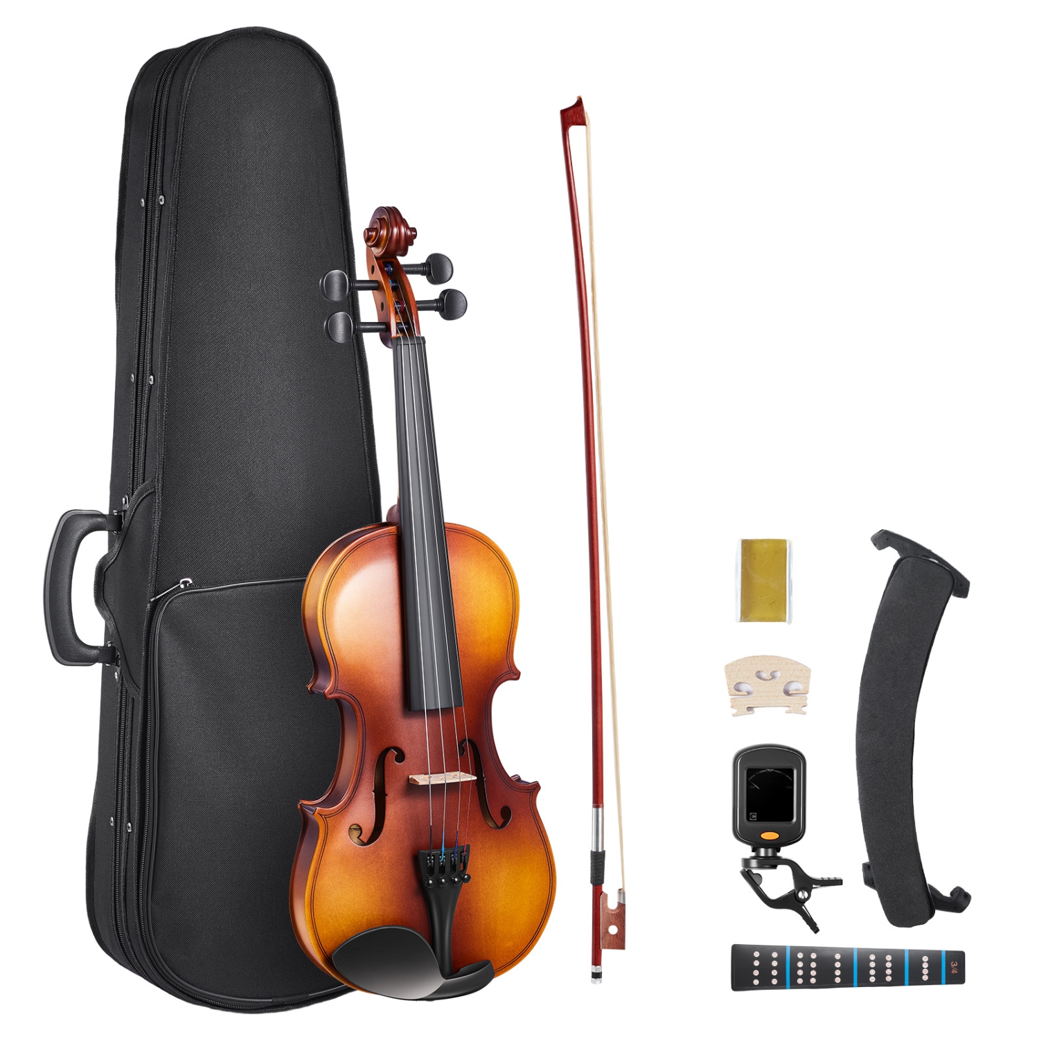 VEVOR 3/4 Size Violin for Adults, Violin Fiddle Set for Beginners with Hard Case, Rosin, Bow, Shoulder Rest, Bridge, Tuner and Extra Strings,