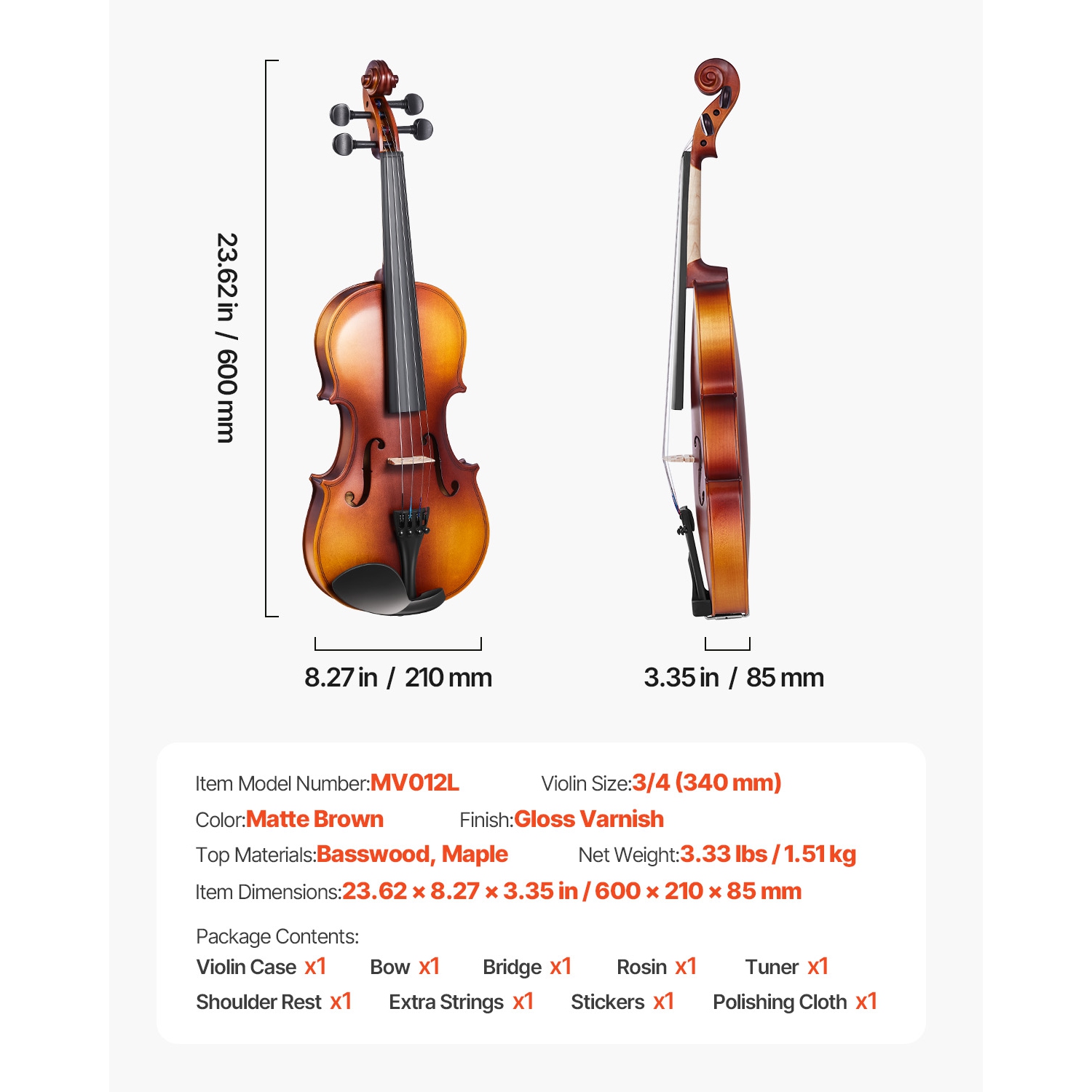 VEVOR 3/4 Size Violin for Adults, Violin Fiddle Set for Beginners with Hard Case, Rosin, Bow, Shoulder Rest, Bridge, Tuner and Extra Strings,