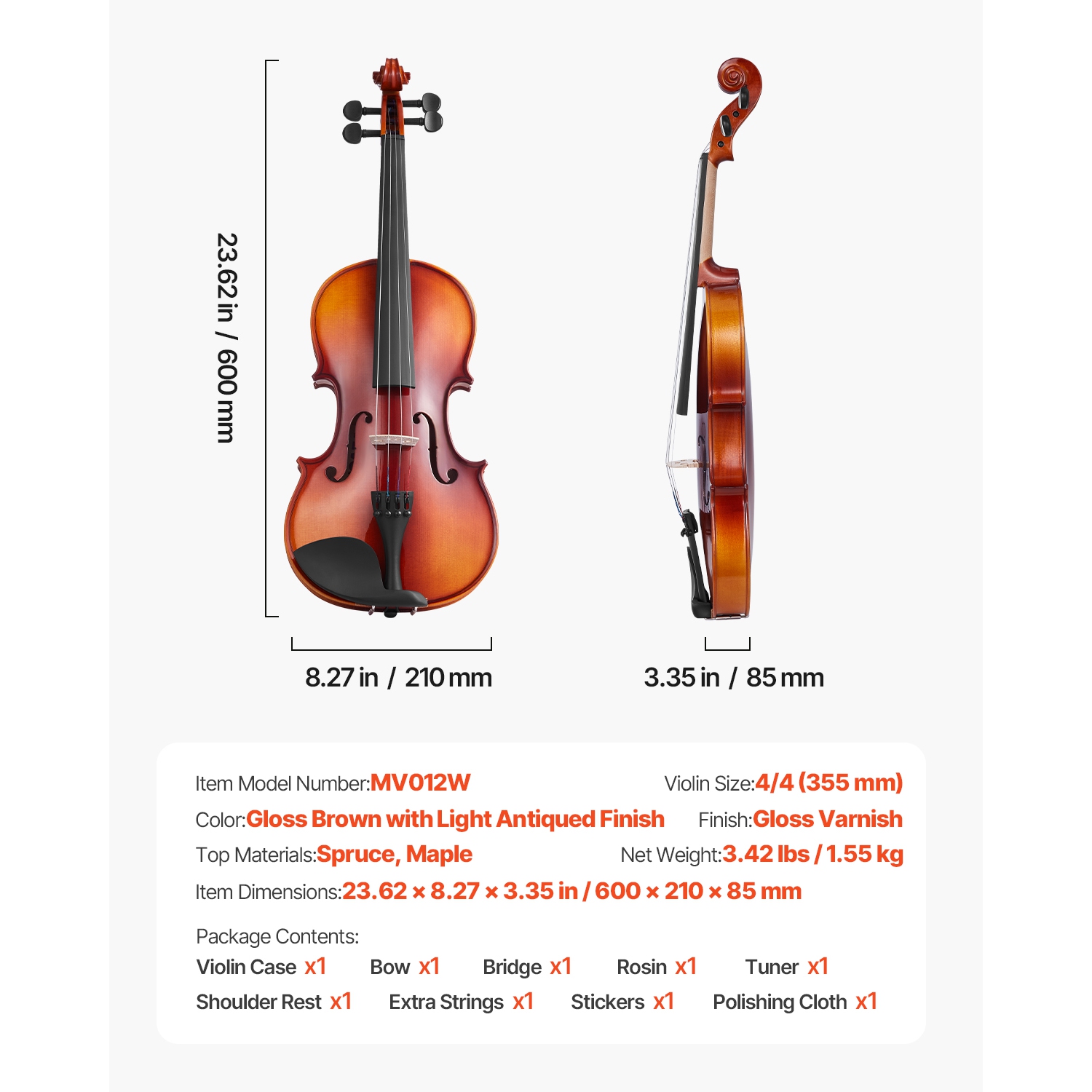 Violon pleine grandeur VEVOR 4/4 pour adultes, ensemble de violon pour étudiant débutant avec étui rigide, rosine, boucle, épaulement, pont, cordes