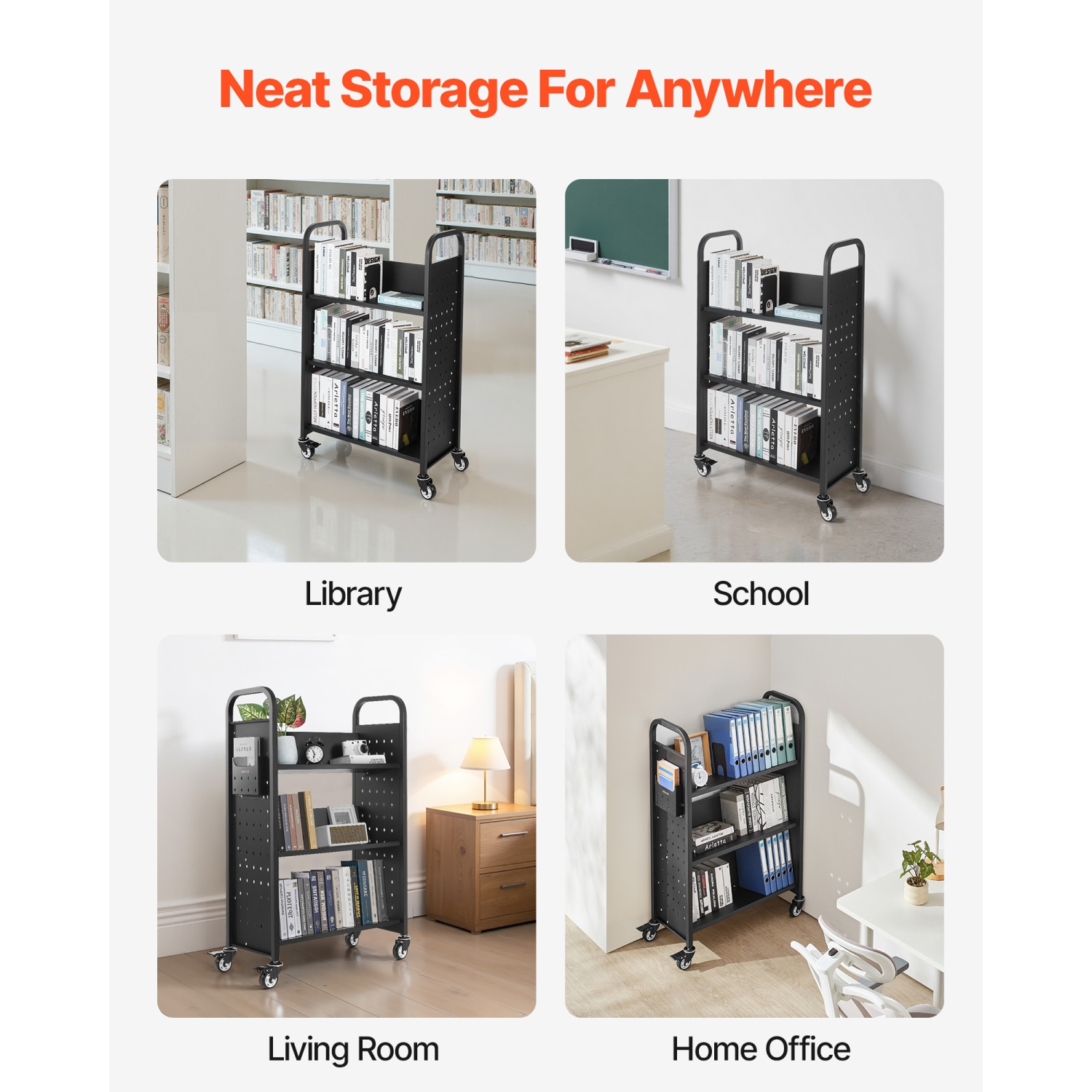 Chariot à livres à roulettes pour bibliothèque VEVOR 330&nbsp;lb, chariot de bibliothèque 30,3 x 15 x 48,0&nbsp;po, tablettes en V à un côté avec