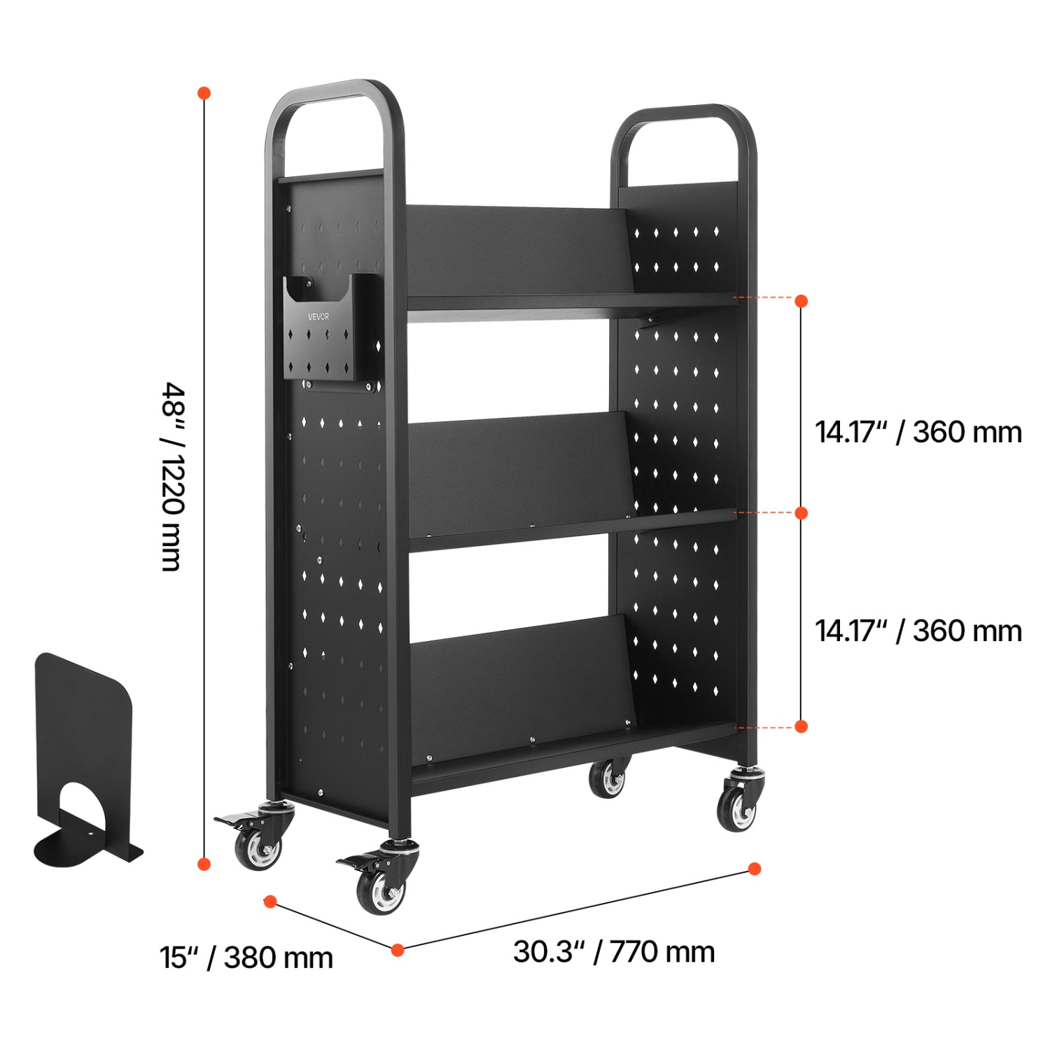 Chariot à livres à roulettes pour bibliothèque VEVOR 330&nbsp;lb, chariot de bibliothèque 30,3 x 15 x 48,0&nbsp;po, tablettes en V à un côté avec