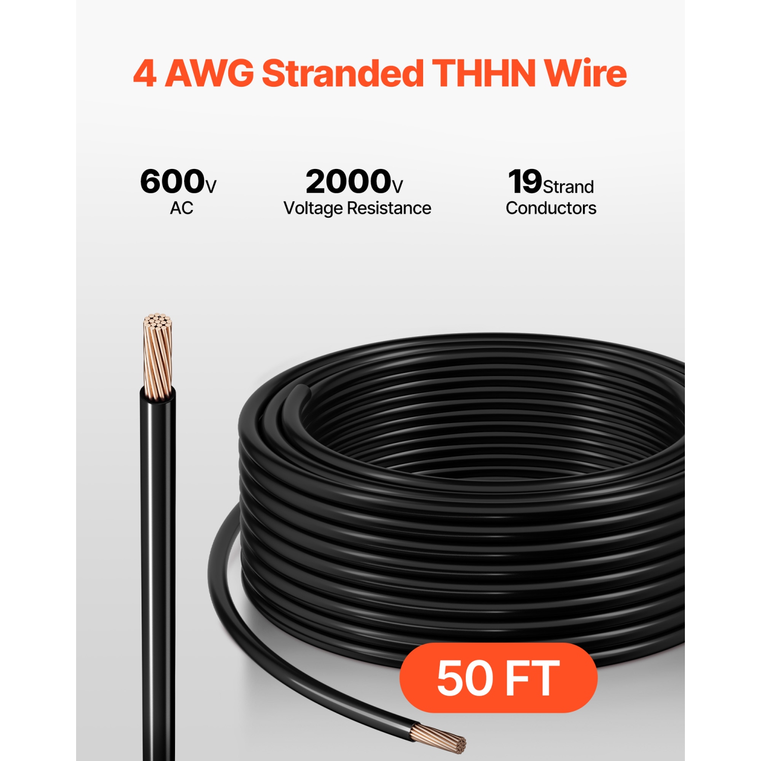 Fil de construction électrique VEVOR 4 AWG, 19 torons, 100 % OFC en cuivre avec gaine en nylon, classé jusqu'à 600 V, pour usage intérieur et