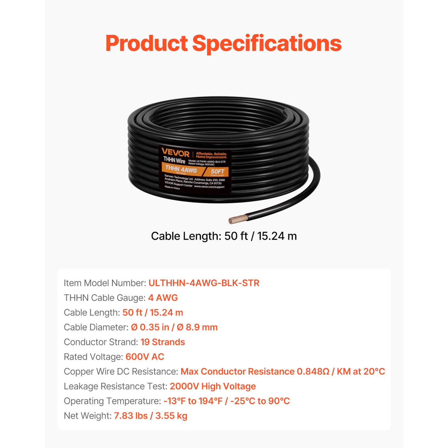Fil de construction électrique VEVOR 4 AWG, 19 torons, 100 % OFC en cuivre avec gaine en nylon, classé jusqu'à 600 V, pour usage intérieur et