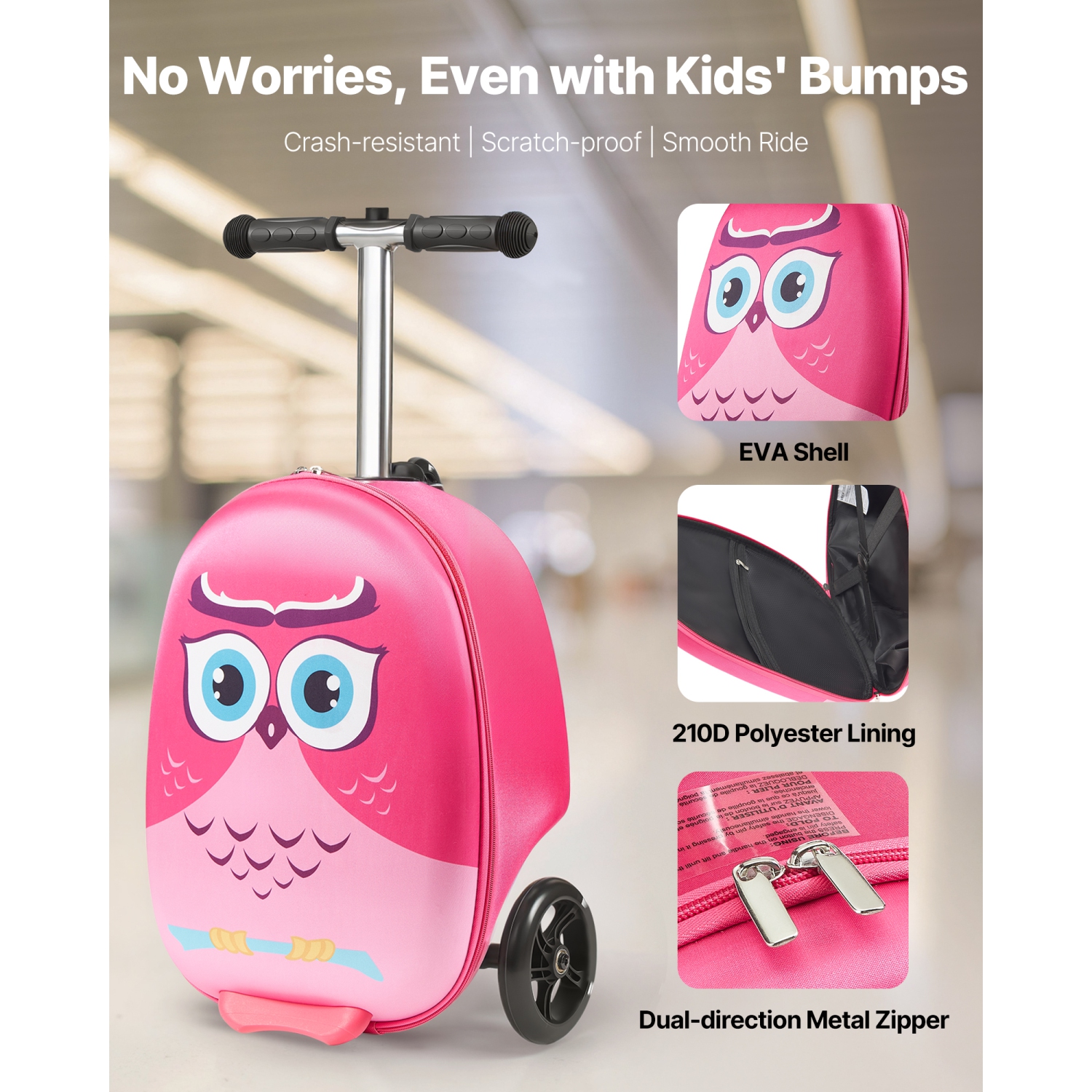 VEVOR 20 L Capacity Ride-on Luggage, 20 Inches Kids Scooter Suitcase with Flash PU Wheels, Adjustable Handle & TPR Non-Slip Grip, Lightweight Scooter