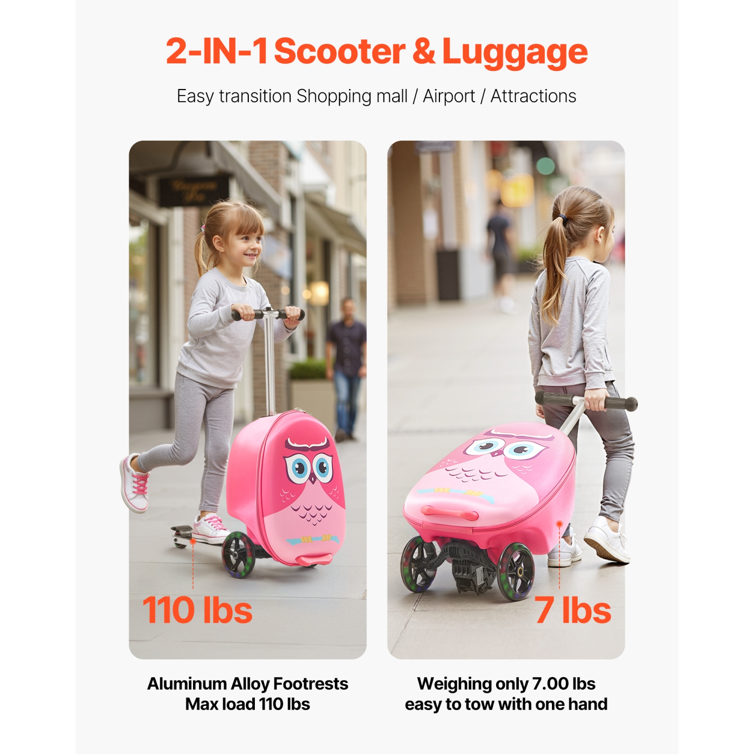VEVOR 20 L Capacity Ride-on Luggage, 20 Inches Kids Scooter Suitcase with Flash PU Wheels, Adjustable Handle & TPR Non-Slip Grip, Lightweight Scooter