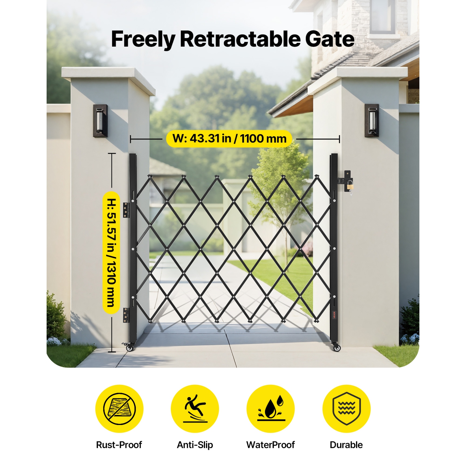 VEVOR 43.31 x 51.57 in Single Folding Security Gate, Lockable Scissor Gate with 360°Swivel Casters, Outdoor Barricade Steel Retractable Gates, for
