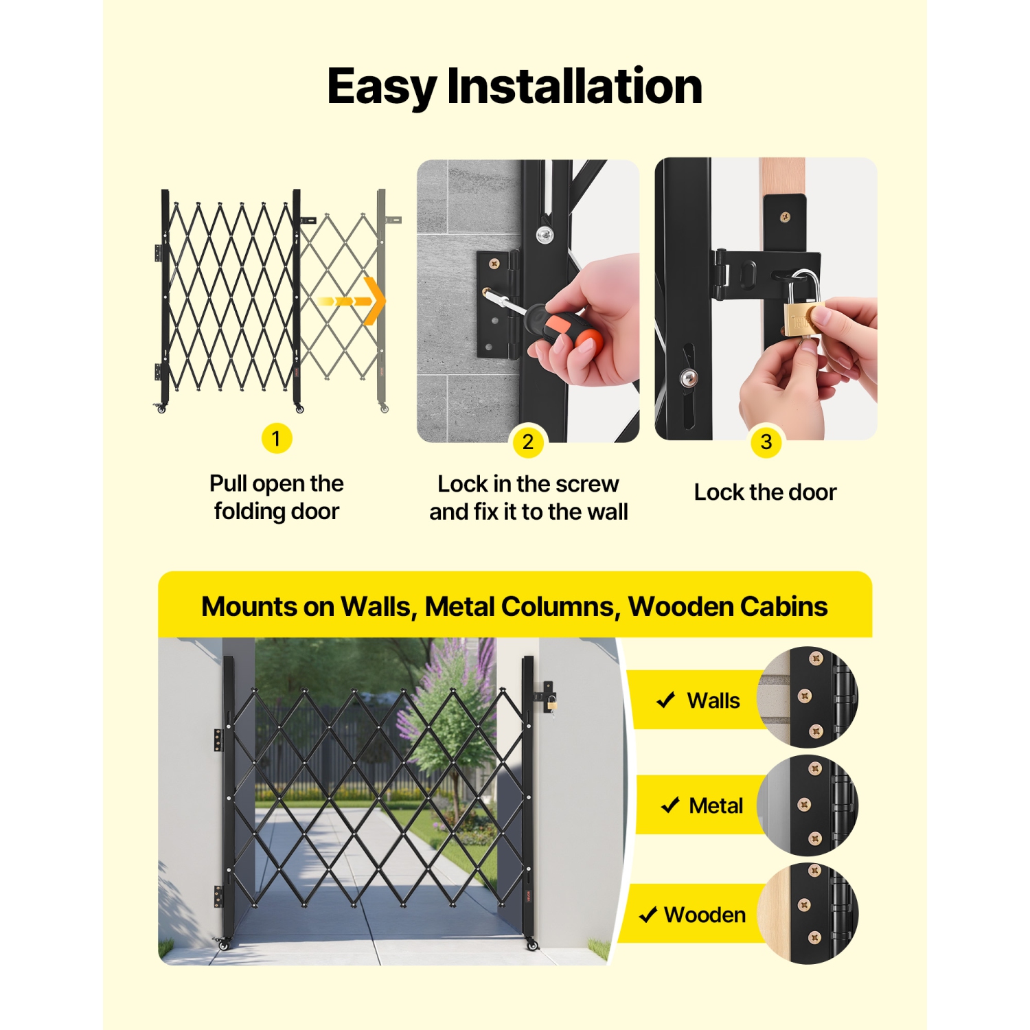 VEVOR 43.31 x 51.57 in Single Folding Security Gate, Lockable Scissor Gate with 360°Swivel Casters, Outdoor Barricade Steel Retractable Gates, for