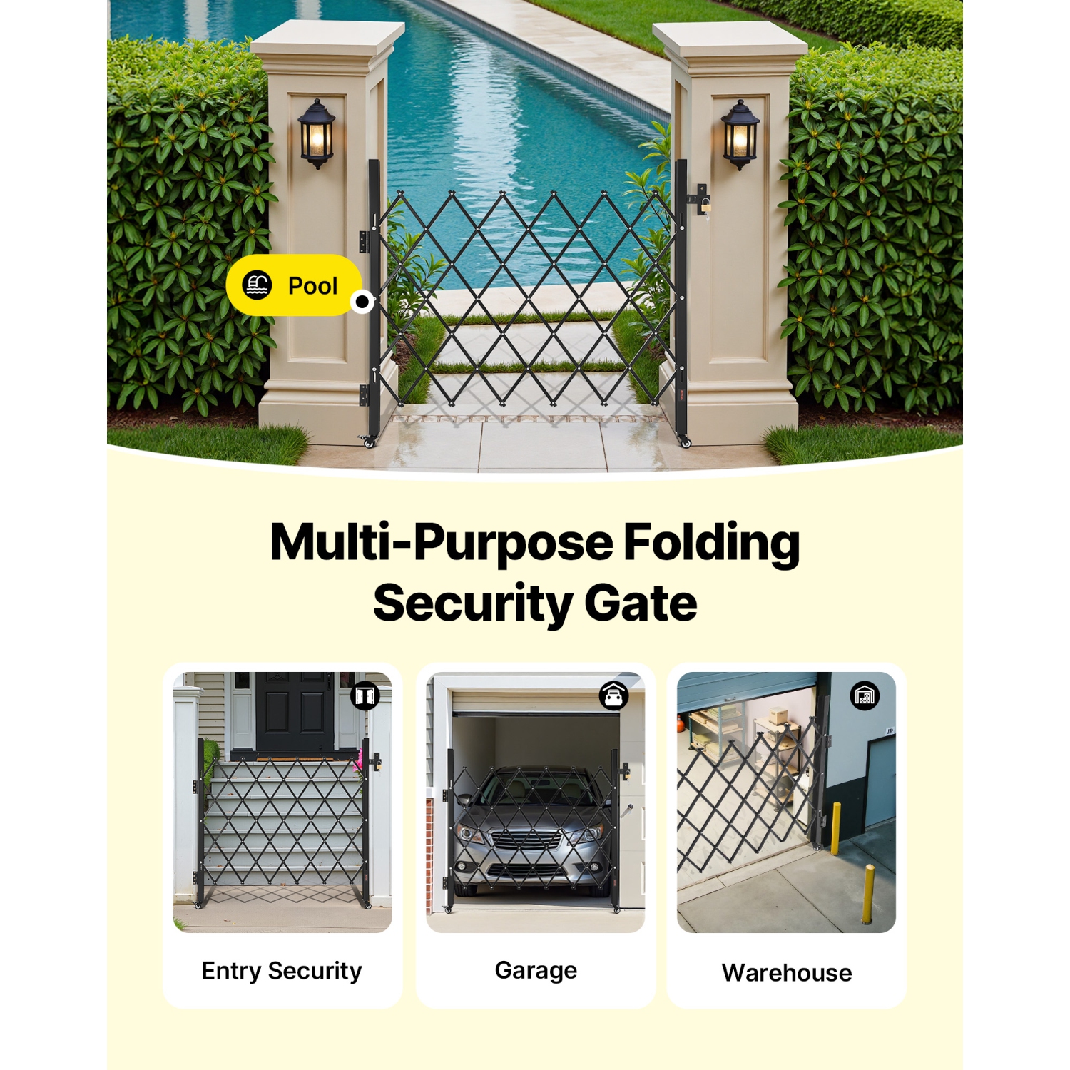 VEVOR 43.31 x 51.57 in Single Folding Security Gate, Lockable Scissor Gate with 360°Swivel Casters, Outdoor Barricade Steel Retractable Gates, for