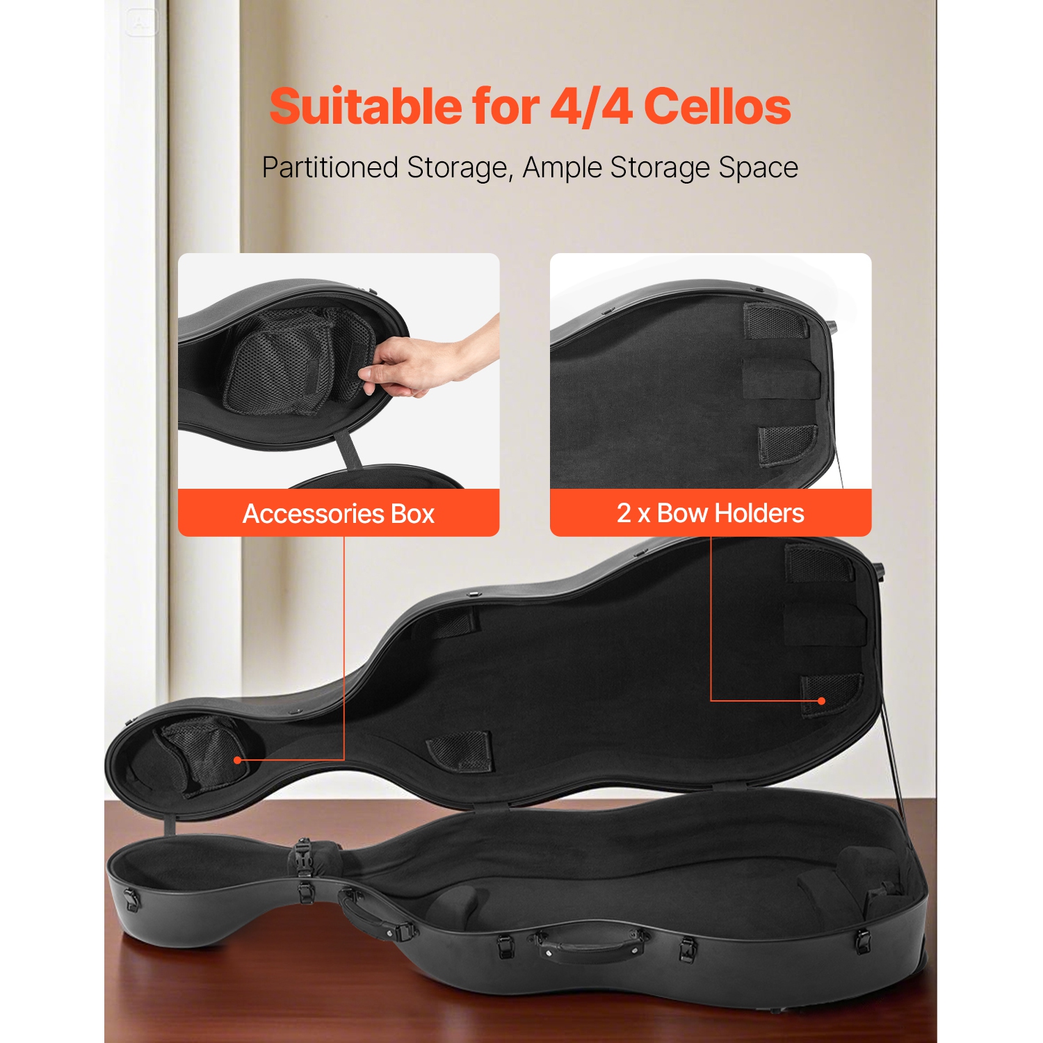 Étui en sac cello pleine grandeur VEVOR 4/4, fibre de carbone composite, sac de transport portatif léger, doublure pelucheuse, deux bretelles,