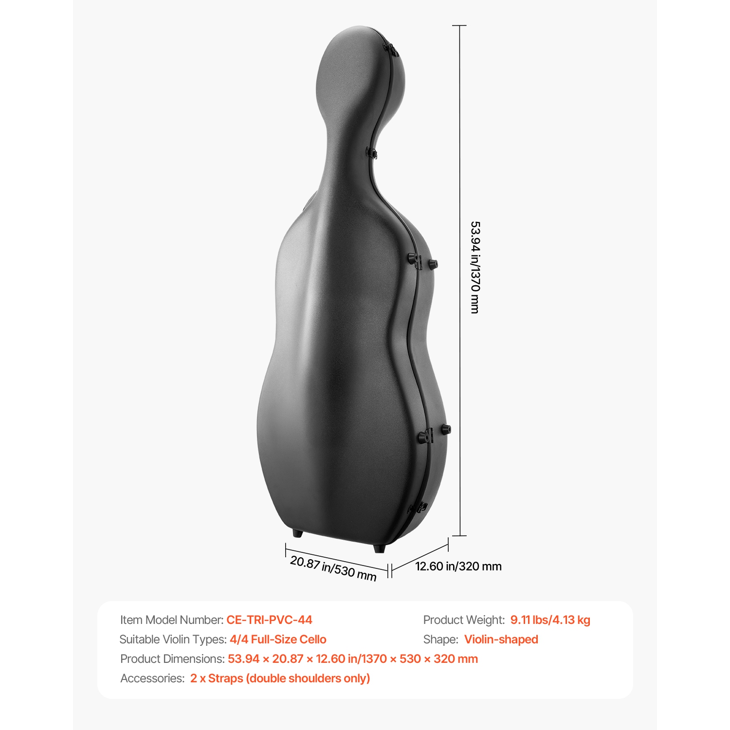 Étui en sac cello pleine grandeur VEVOR 4/4, fibre de carbone composite, sac de transport portatif léger, doublure pelucheuse, deux bretelles,