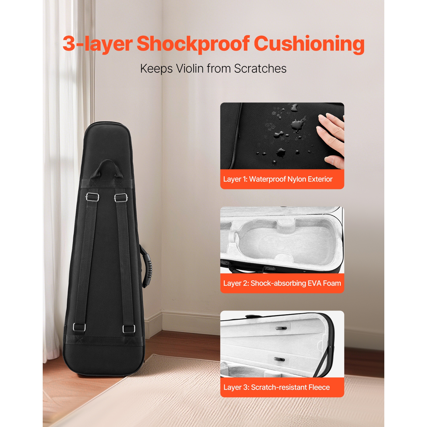 VEVOR 4/4 Full Size Violin Case, Nylon Waterproof, Lightweight Portable Travel Carrying Bag, with Plush Lining,Dual Shoulder