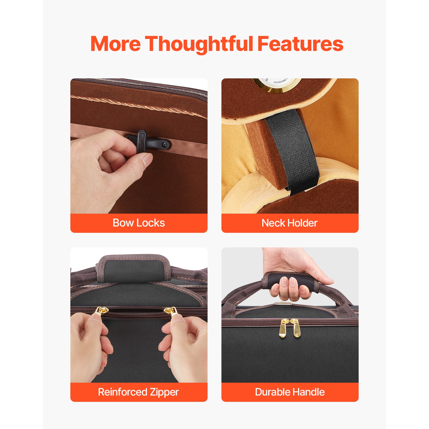 Étui pour violon VEVOR 4/4 pleine grandeur, hygromètre intégré, sac de transport portatif léger, doublure moelleuse, bretelles, antirayure, forme