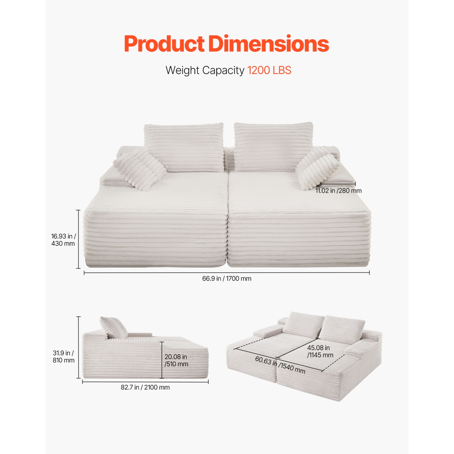 VEVOR 82.7-Inch Oversized Double Chaise Lounge, Corduroy Fabric Sectional Sofa, Cozy Deep Seat Loveseat Sofa with Soft Cushions and Throw Pillows for