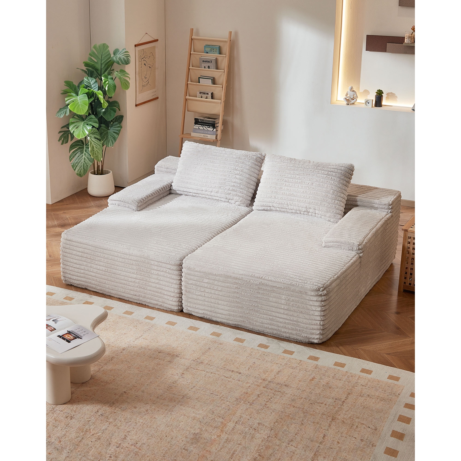 VEVOR 82.7-Inch Oversized Double Chaise Lounge, Corduroy Fabric Sectional Sofa, Cozy Deep Seat Loveseat Sofa with Soft Cushions and Throw Pillows for