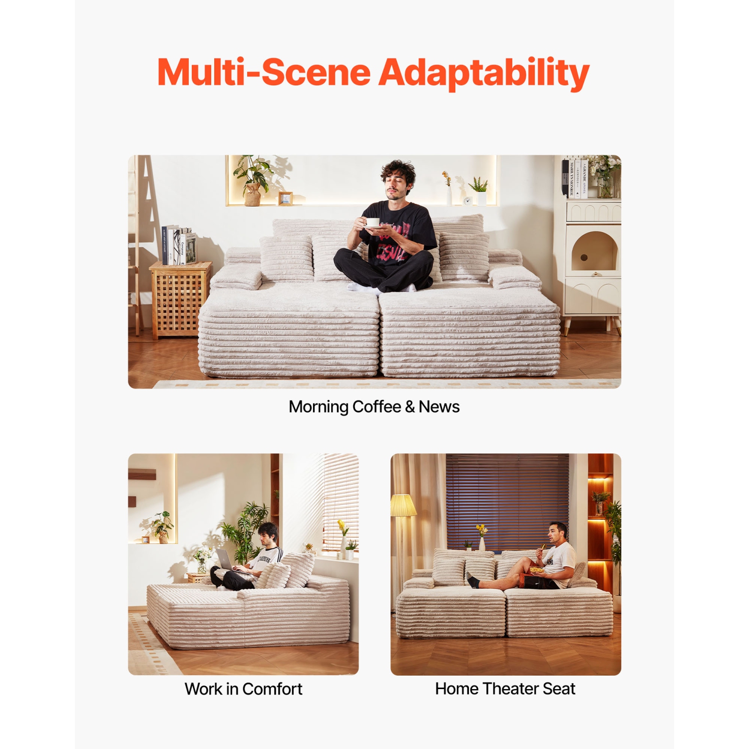 VEVOR 82.7-Inch Oversized Double Chaise Lounge, Corduroy Fabric Sectional Sofa, Cozy Deep Seat Loveseat Sofa with Soft Cushions and Throw Pillows for