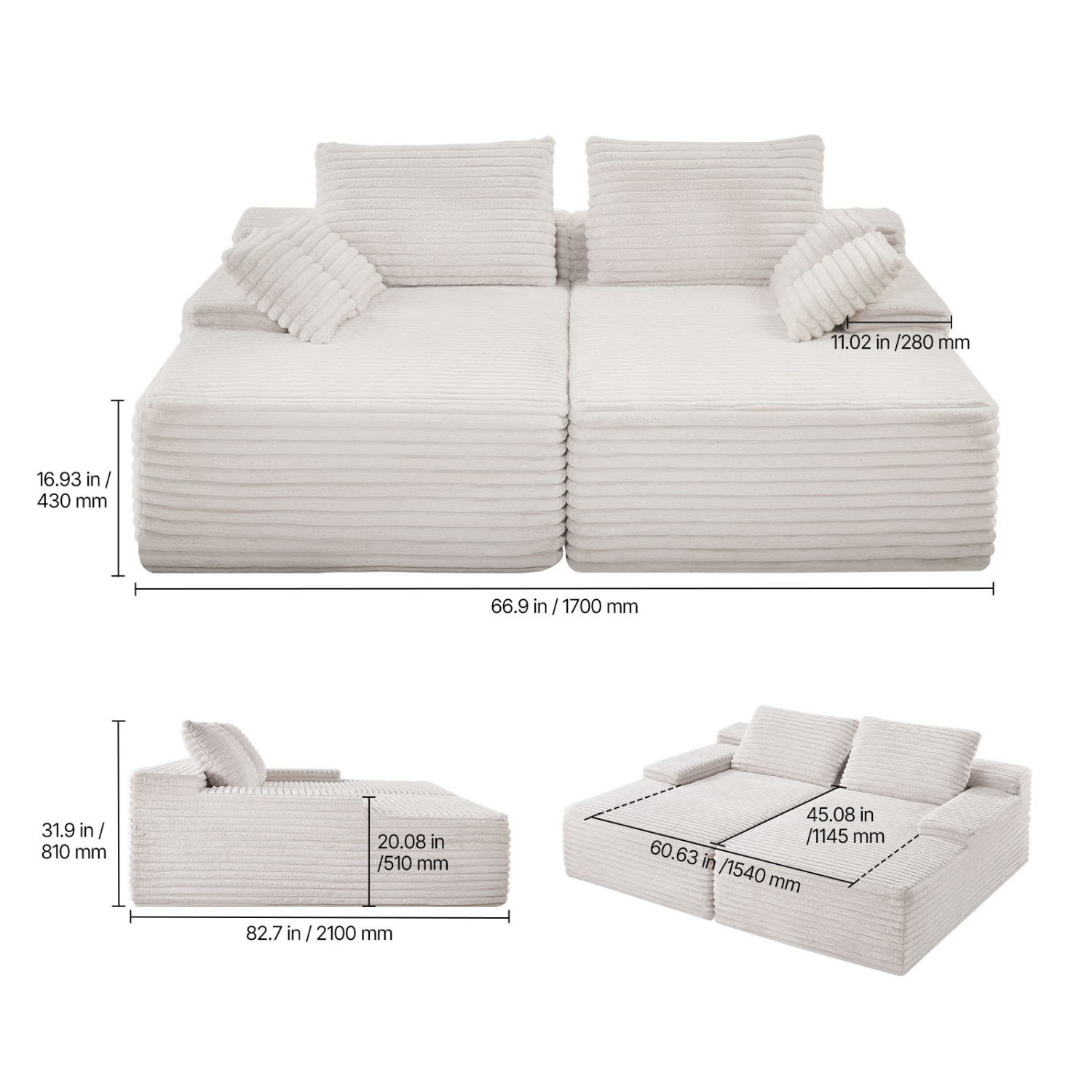 VEVOR 82.7-Inch Oversized Double Chaise Lounge, Corduroy Fabric Sectional Sofa, Cozy Deep Seat Loveseat Sofa with Soft Cushions and Throw Pillows for