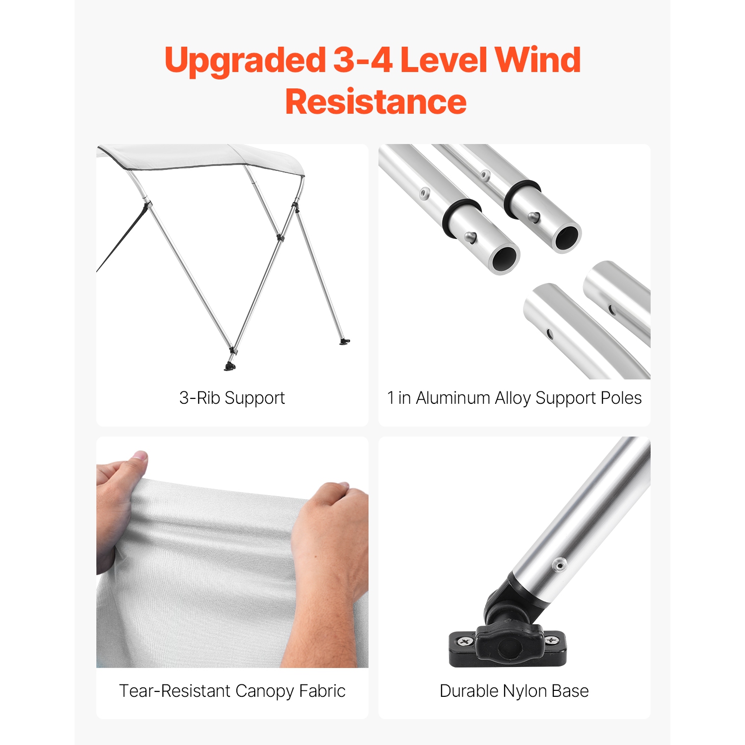 VEVOR 3 Bow Boat Bimini Tops, 600D Polyester Canopy with Aluminum Alloy Frame, Waterproof & Sun Shade Boat Awning Canopy, 2 Support Poles, 4 Straps,