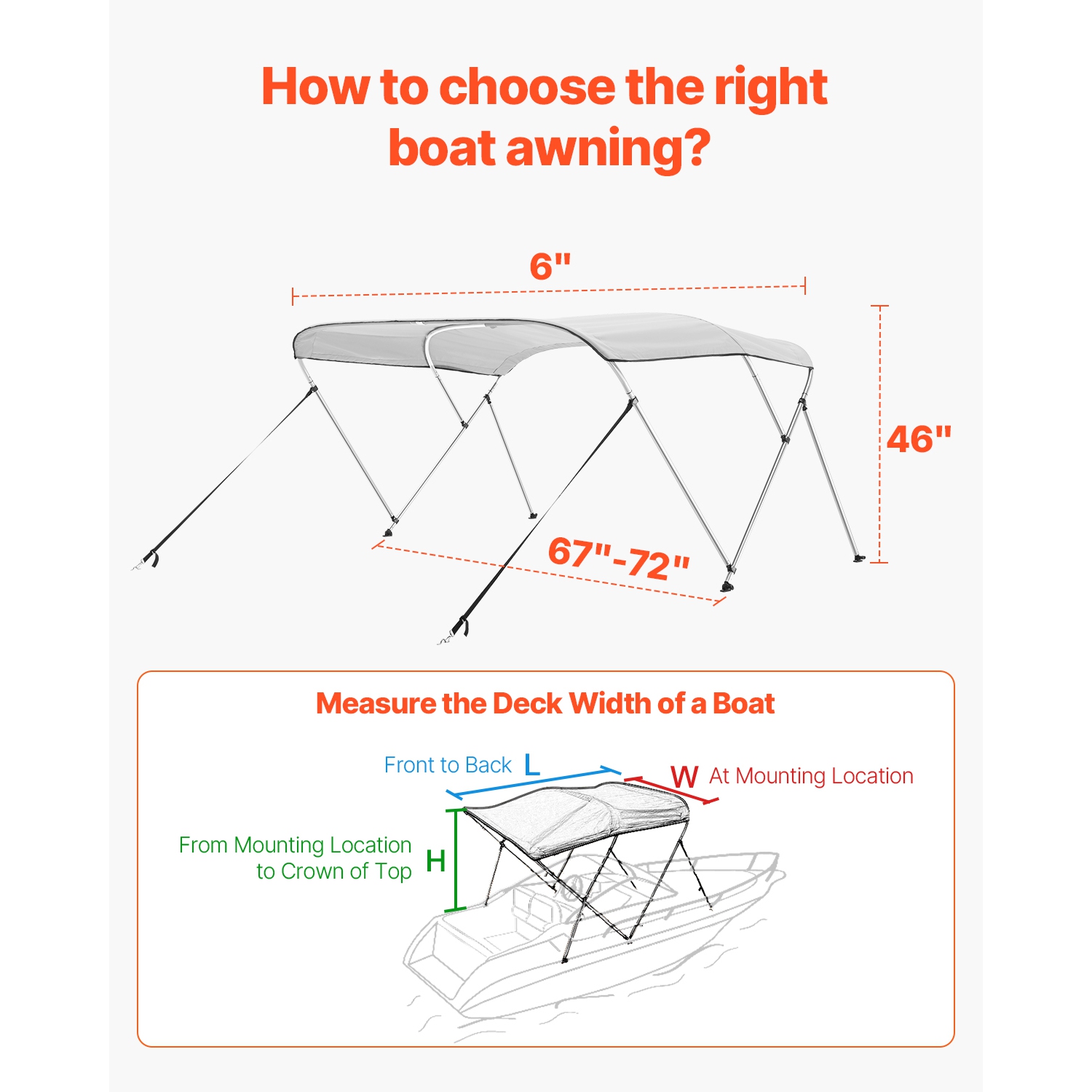 VEVOR 3 Bow Boat Bimini Tops, 600D Polyester Canopy with Aluminum Alloy Frame, Waterproof & Sun Shade Boat Awning Canopy, 2 Support Poles, 4 Straps,