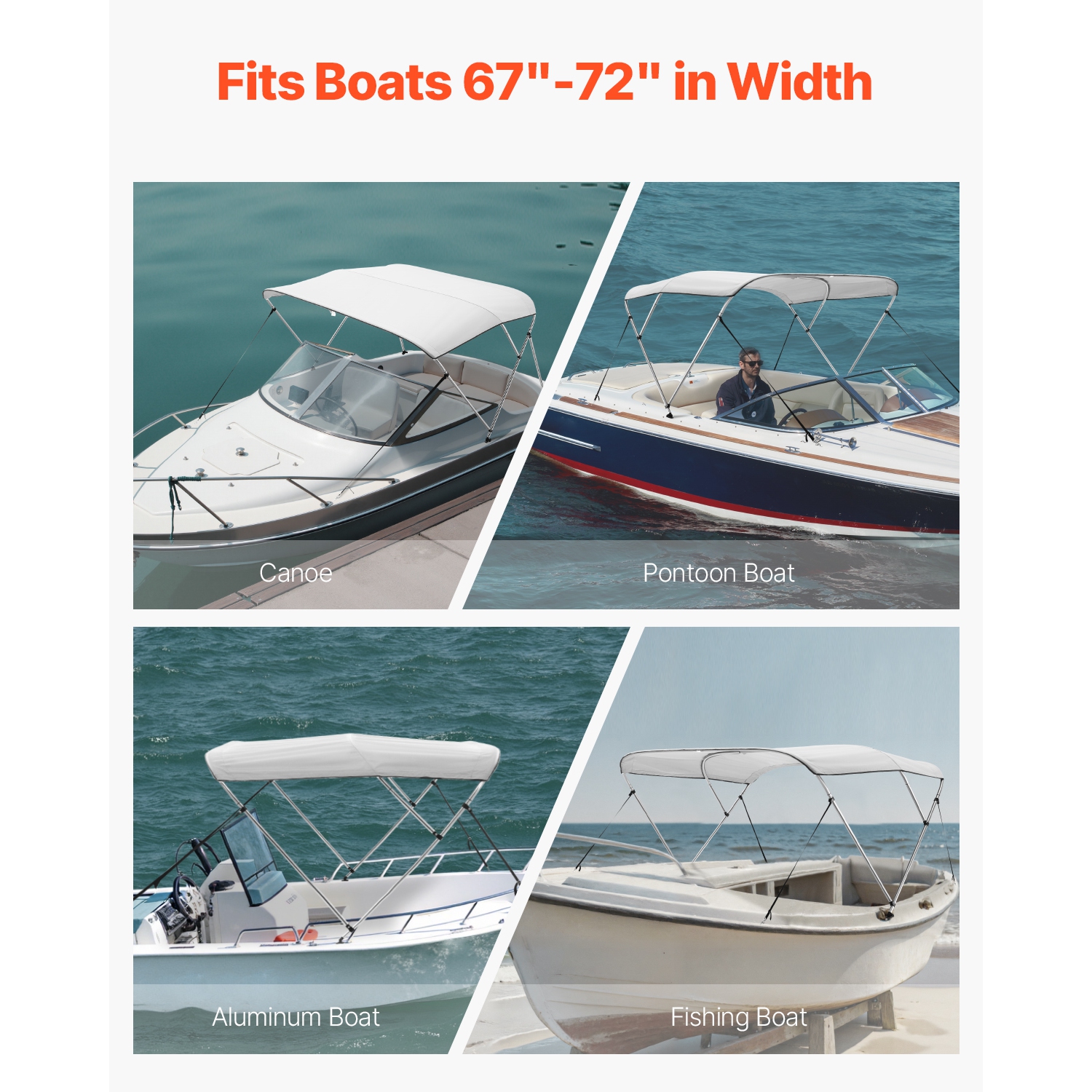 VEVOR 3 Bow Boat Bimini Tops, 600D Polyester Canopy with Aluminum Alloy Frame, Waterproof & Sun Shade Boat Awning Canopy, 2 Support Poles, 4 Straps,