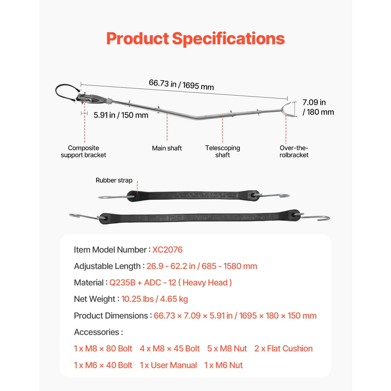 VEVOR 26.9-62.2 in Transom Saver, Adjustable Boat Transom Saver with Heavy-Duty Head, Corrosion-Resistant Easy-to-Install Transom Savers for Less