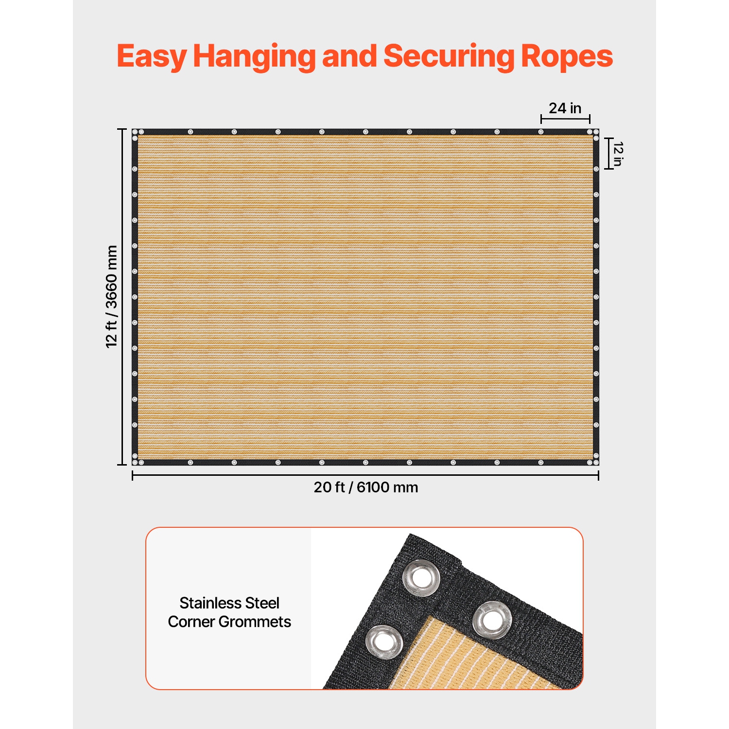 VEVOR 90% Sun Shade Cloth, 12 x 20 ft Pergola Shade Cover with Stainless Steel Grommets, Sun Shades Canopy Privacy Screen with 160 GSM HDPE Material,