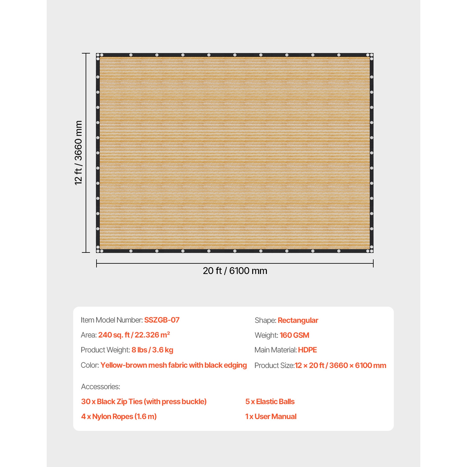 VEVOR 90% Sun Shade Cloth, 12 x 20 ft Pergola Shade Cover with Stainless Steel Grommets, Sun Shades Canopy Privacy Screen with 160 GSM HDPE Material,