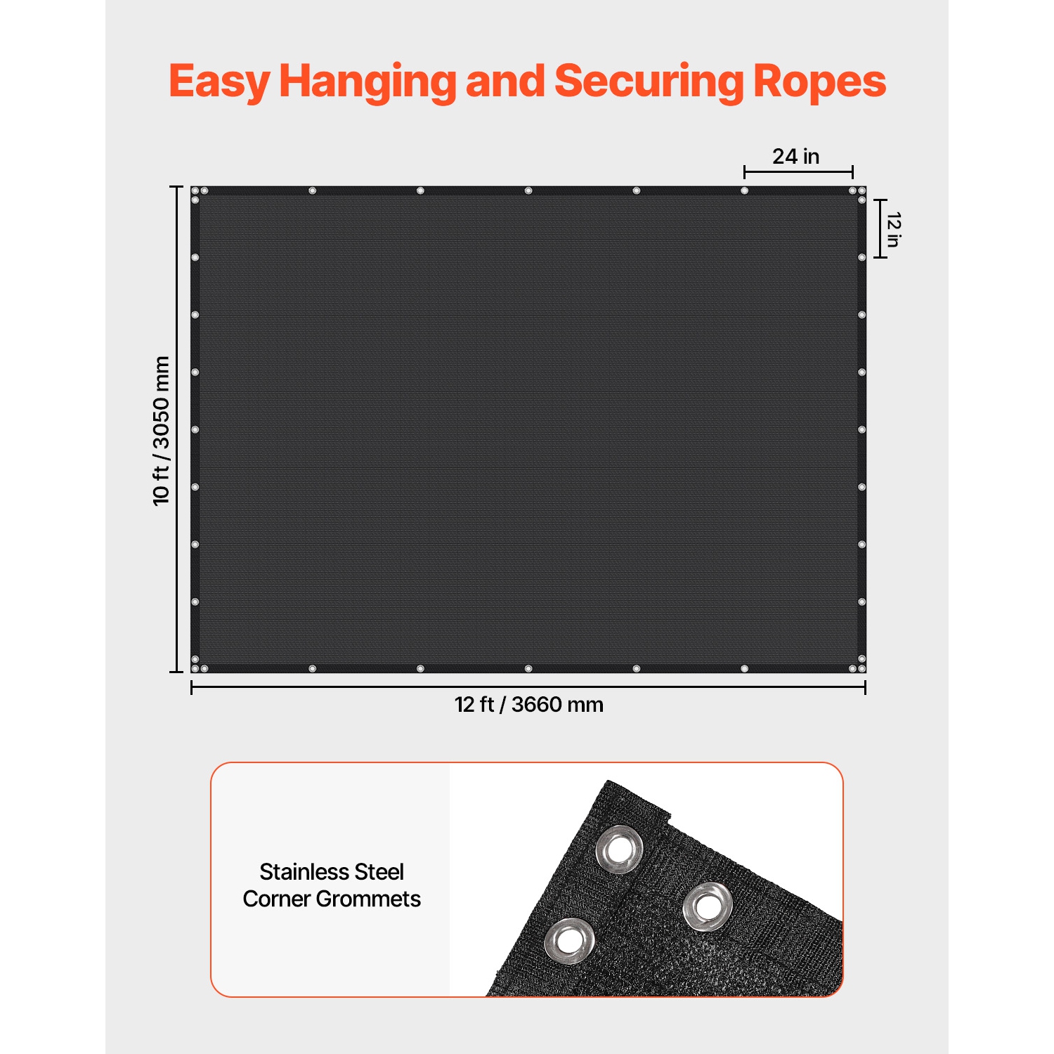 VEVOR 90% Sun Shade Cloth, 10 x 12 ft Pergola Shade Cover with Stainless Steel Grommets, Sun Shades Canopy Privacy Screen with 140 GSM HDPE Material,