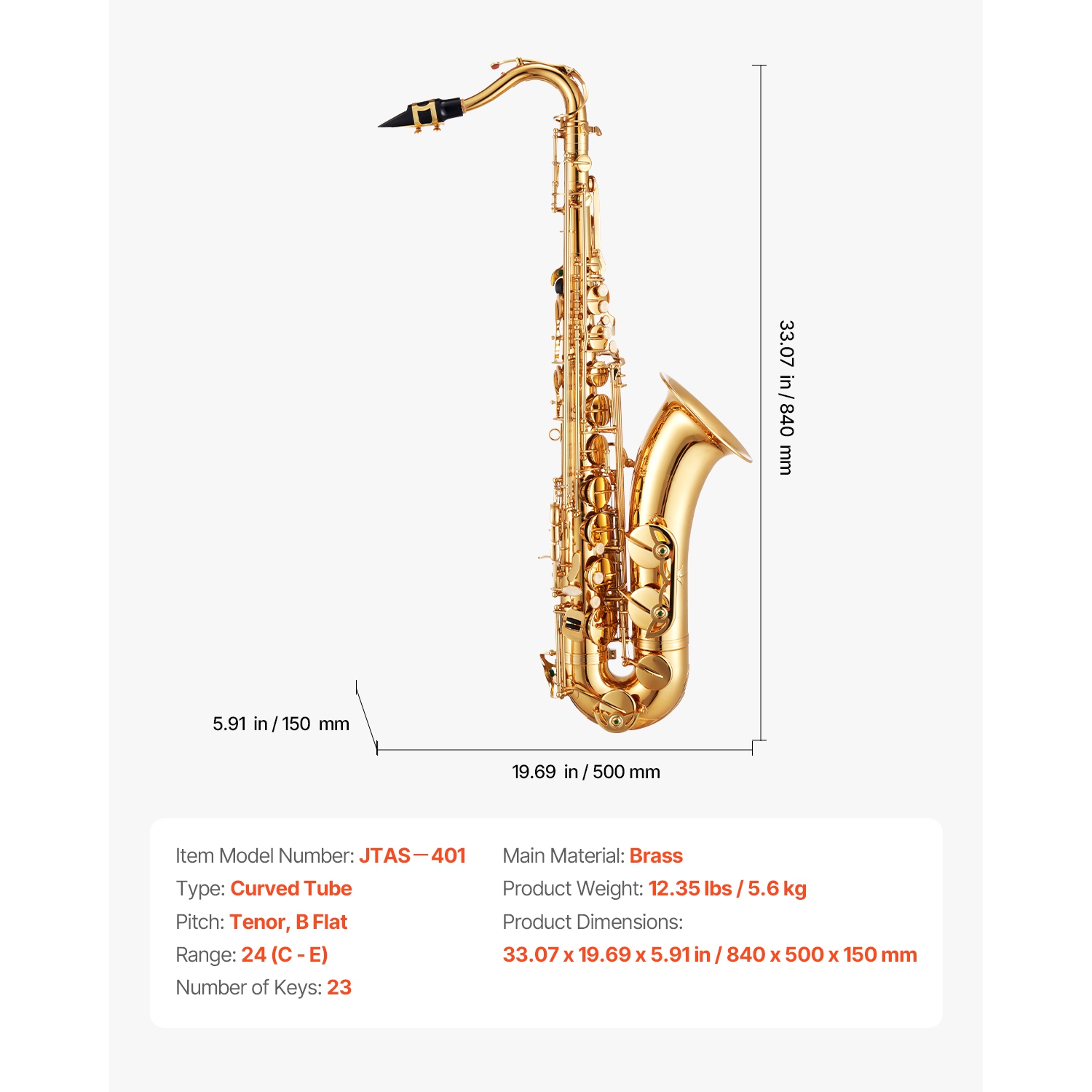 VEVOR 23 Keys Tenor Saxophone, B Flat, Professional Brass Saxophone Beginner Kit with Carrying Case, Mouthpiece, Straps, Cleaning Cloth, Gloves, Neck