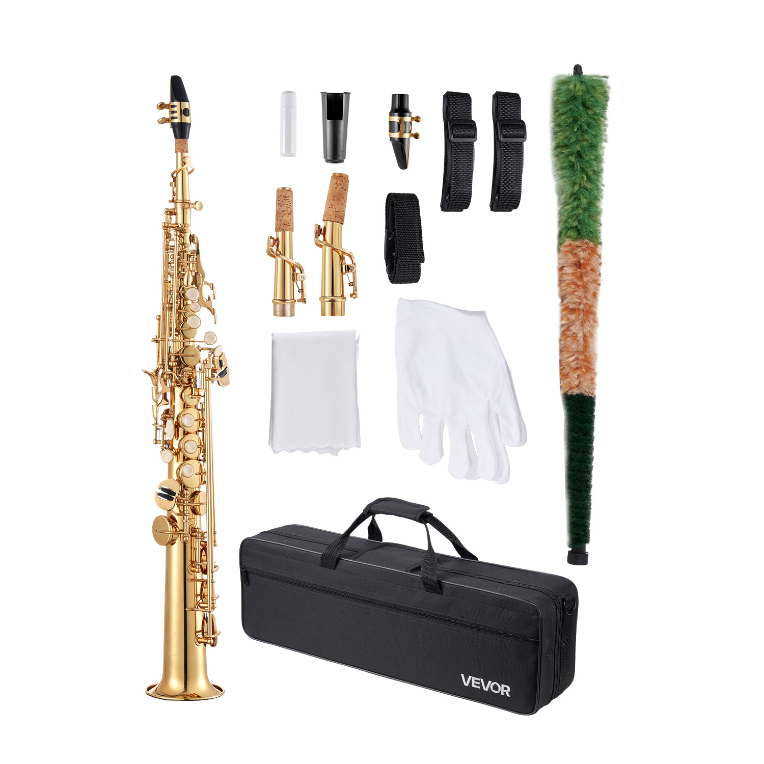 VEVOR 23 Keys Straight Soprano Saxophone, B Flat, Brass Saxophone Beginner Kit with Carrying Case, Mouthpiece, Cleaning Cloth Rod, Gloves, Neck