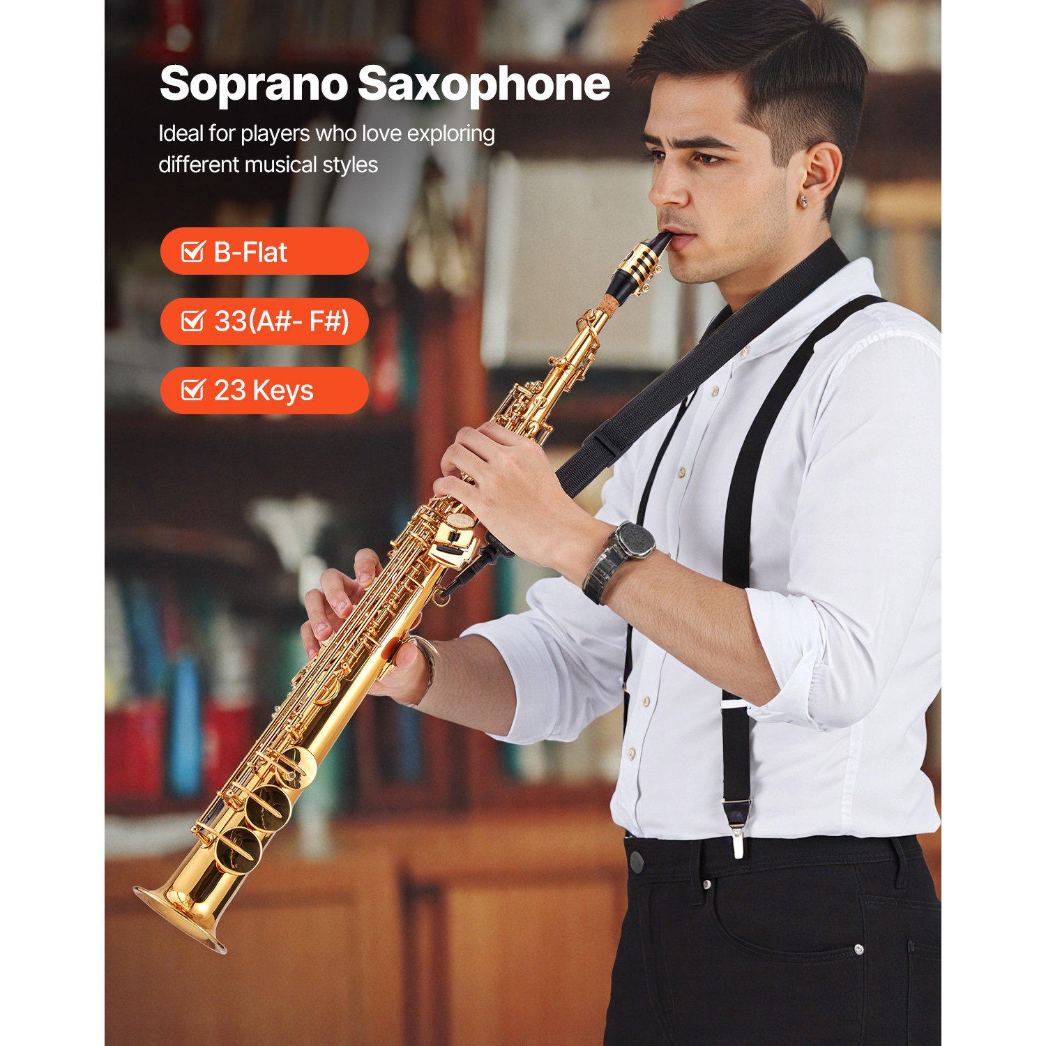 VEVOR 23 Keys Straight Soprano Saxophone, B Flat, Brass Saxophone Beginner Kit with Carrying Case, Mouthpiece, Cleaning Cloth Rod, Gloves, Neck