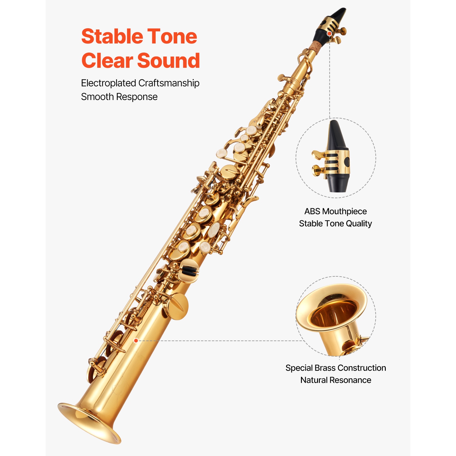 VEVOR 23 Keys Straight Soprano Saxophone, B Flat, Brass Saxophone Beginner Kit with Carrying Case, Mouthpiece, Cleaning Cloth Rod, Gloves, Neck