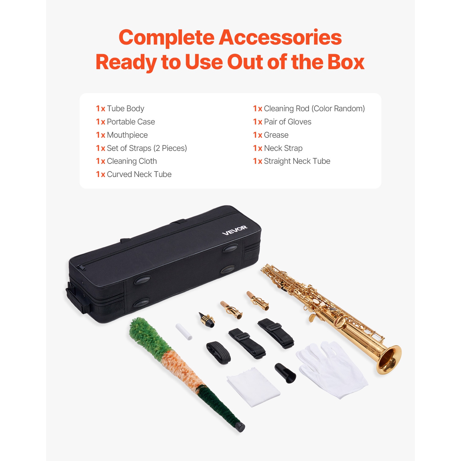 VEVOR 23 Keys Straight Soprano Saxophone, B Flat, Brass Saxophone Beginner Kit with Carrying Case, Mouthpiece, Cleaning Cloth Rod, Gloves, Neck
