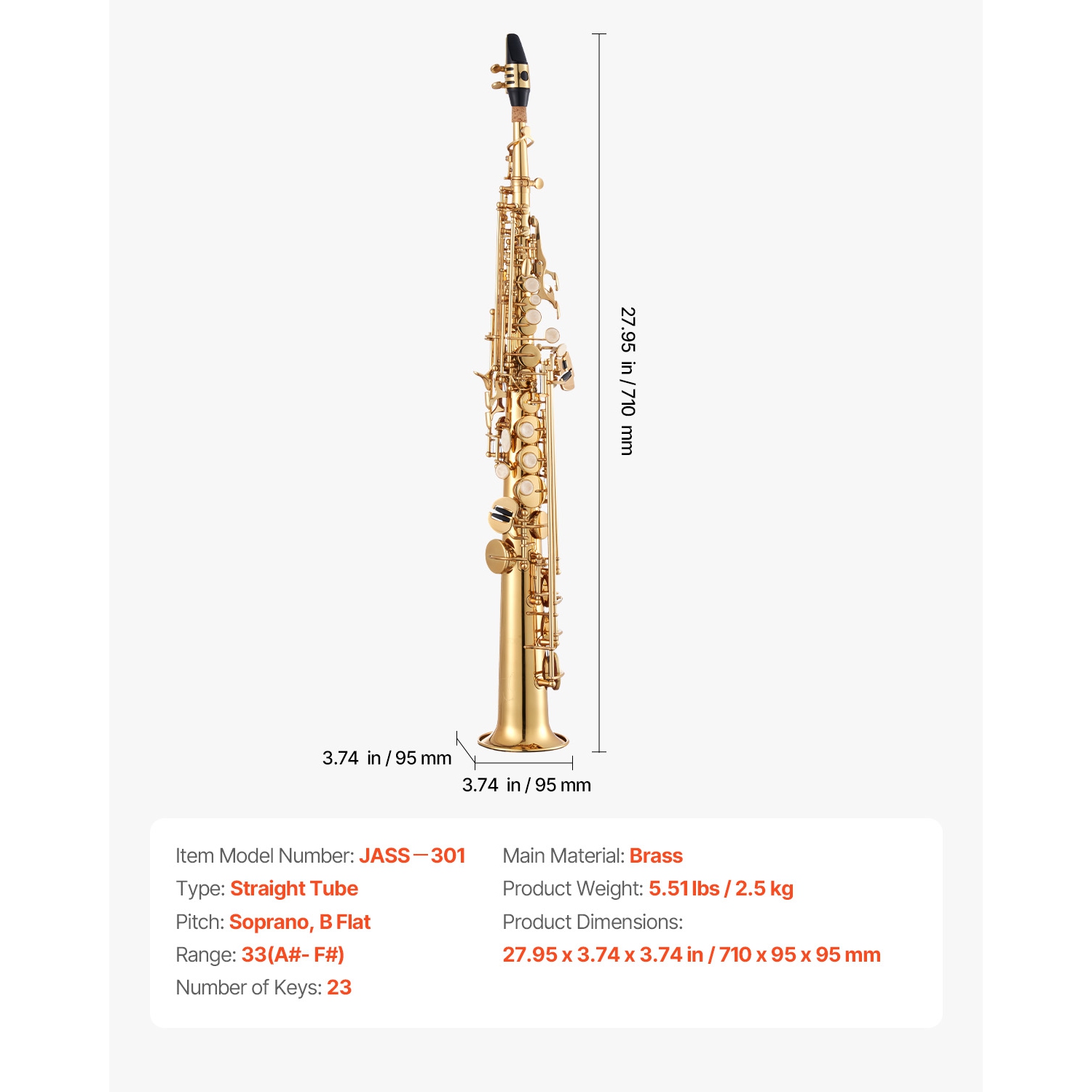 VEVOR 23 Keys Straight Soprano Saxophone, B Flat, Brass Saxophone Beginner Kit with Carrying Case, Mouthpiece, Cleaning Cloth Rod, Gloves, Neck