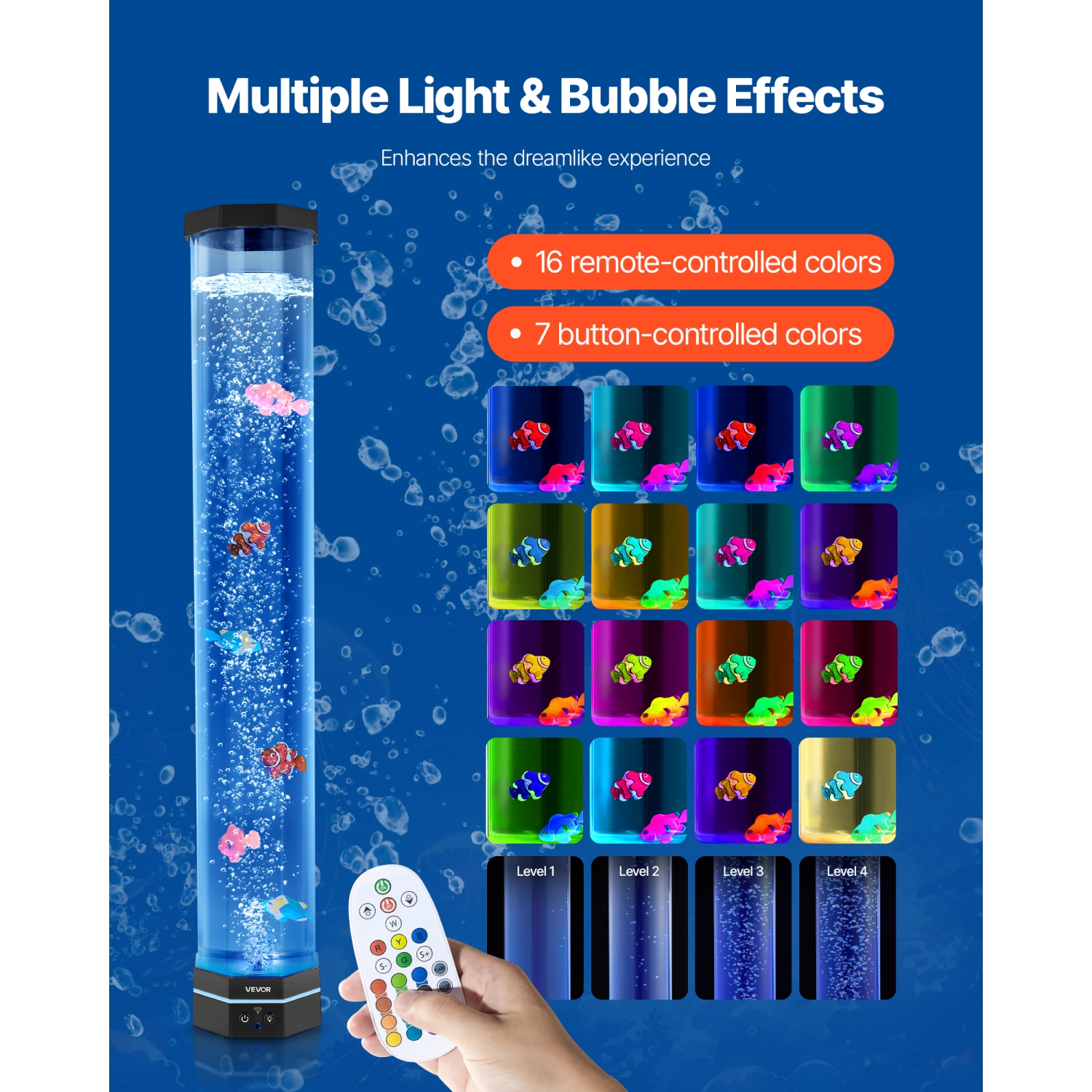 VEVOR Sensory Bubble Tube Lamp, 2.67 ft Bubble Fish Tube, Sensory Aquarium Lamp with 6 Floating Fish & 16 Color Effects, Remote Control, Stress