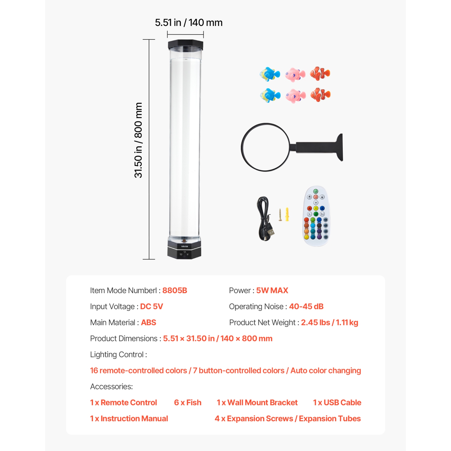 VEVOR Sensory Bubble Tube Lamp, 2.67 ft Bubble Fish Tube, Sensory Aquarium Lamp with 6 Floating Fish & 16 Color Effects, Remote Control, Stress