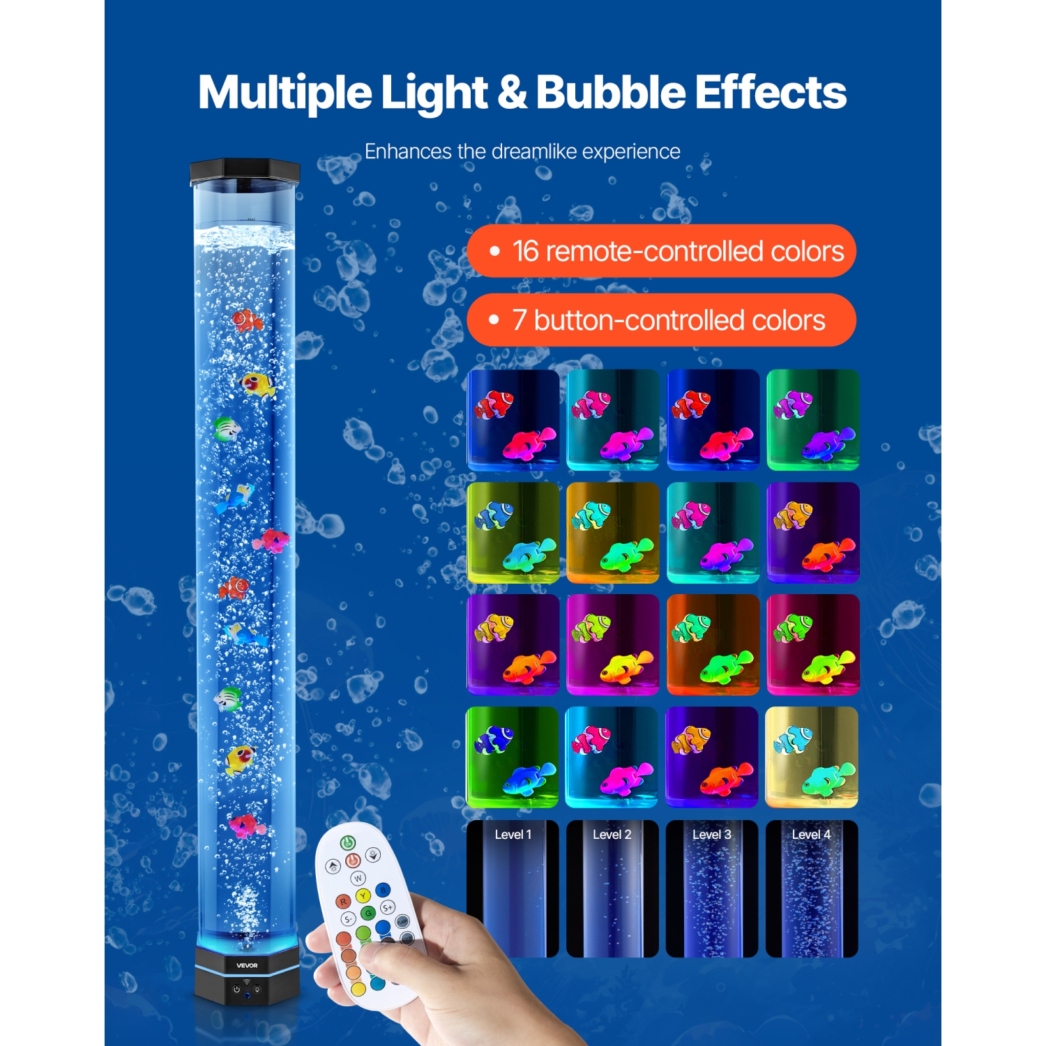 VEVOR Sensory Bubble Tube Lamp, 3.3 ft Bubble Fish Tube, Sensory Aquarium Lamp with 10 Floating Fish & 16 Color Effects, Remote Control, Stress