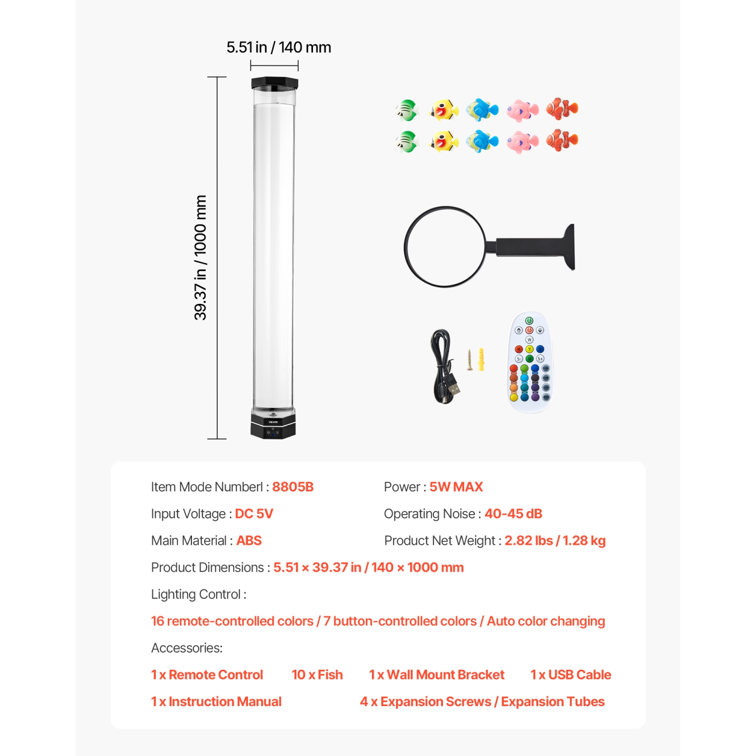 VEVOR Sensory Bubble Tube Lamp, 3.3 ft Bubble Fish Tube, Sensory Aquarium Lamp with 10 Floating Fish & 16 Color Effects, Remote Control, Stress