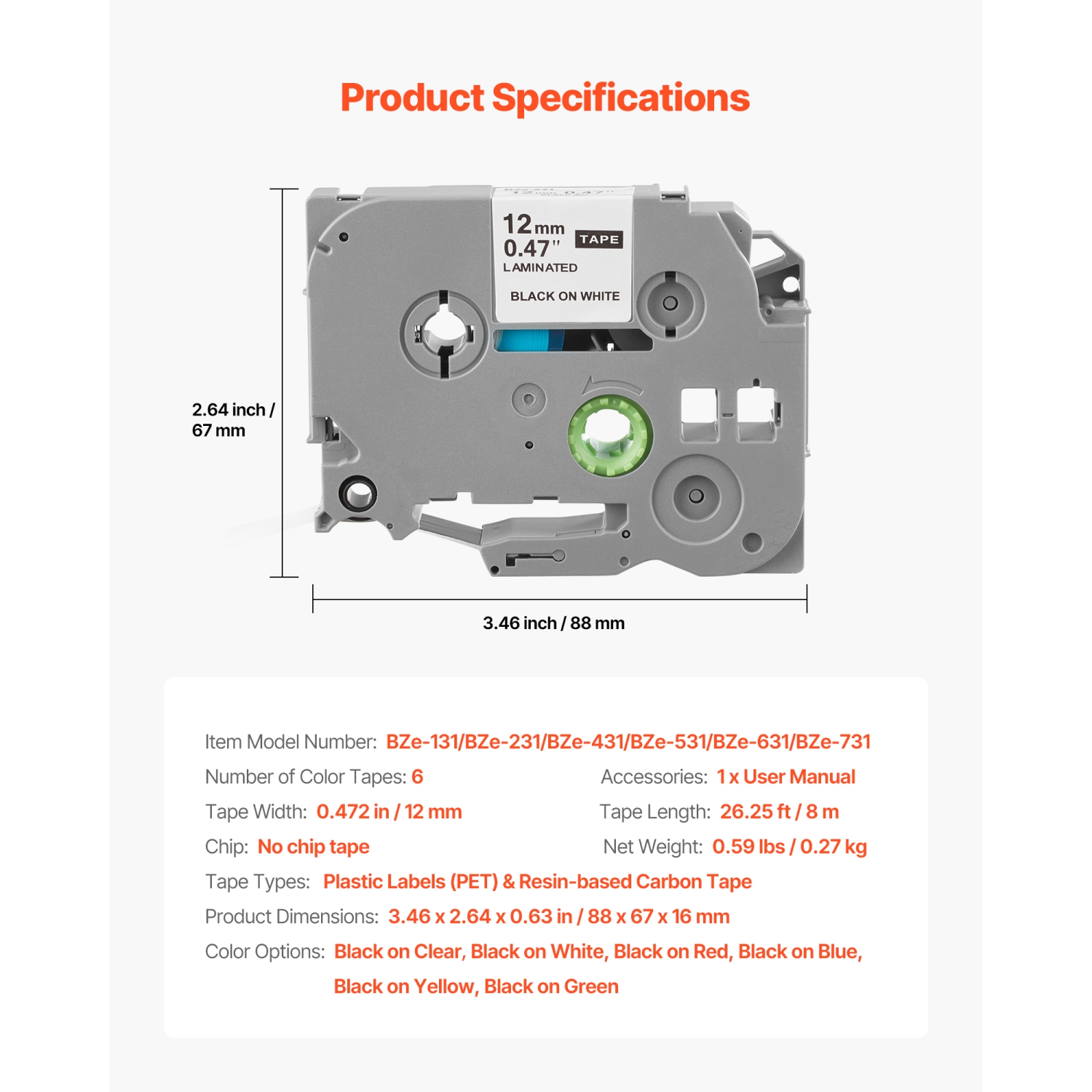 VEVOR 6 Pack Label Maker Tape,0.47 in / 12 mm Colored Label Maker Refills Compatible for Various Brother P-Touch,Replacement for Tag TZe-131 TZe-231