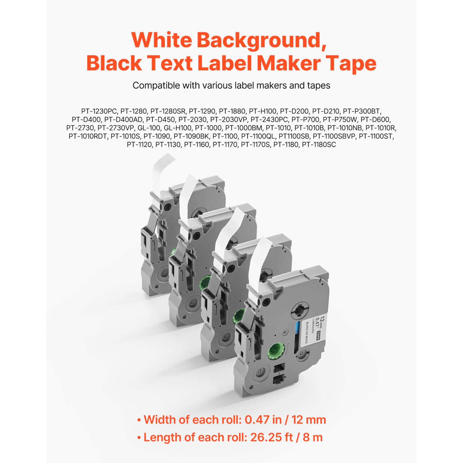 VEVOR 4 Pack Label Maker Tape, 0.47 in / 12 mm Black on White Label Maker Refills Compatible for Various Types of Brother P-Touch Labelers,