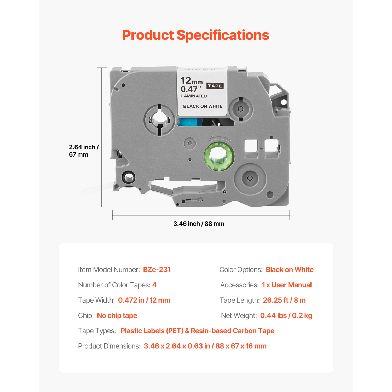 VEVOR 4 Pack Label Maker Tape, 0.47 in / 12 mm Black on White Label Maker Refills Compatible for Various Types of Brother P-Touch Labelers,