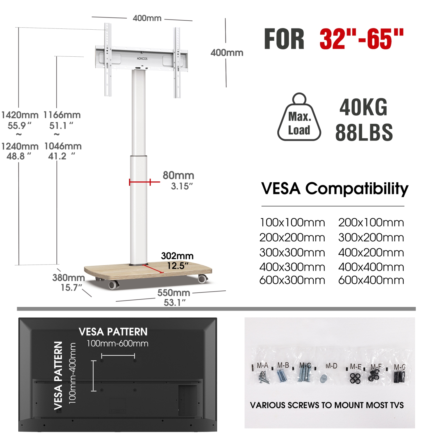 AOKCOS Rolling TV Stand for 32-65 in TVs Holds up to 88lbs, Max Vesa 400 x 400mm, Mobile TV Stand with 8 Level Height Adjustment, 60 Degree Swivel