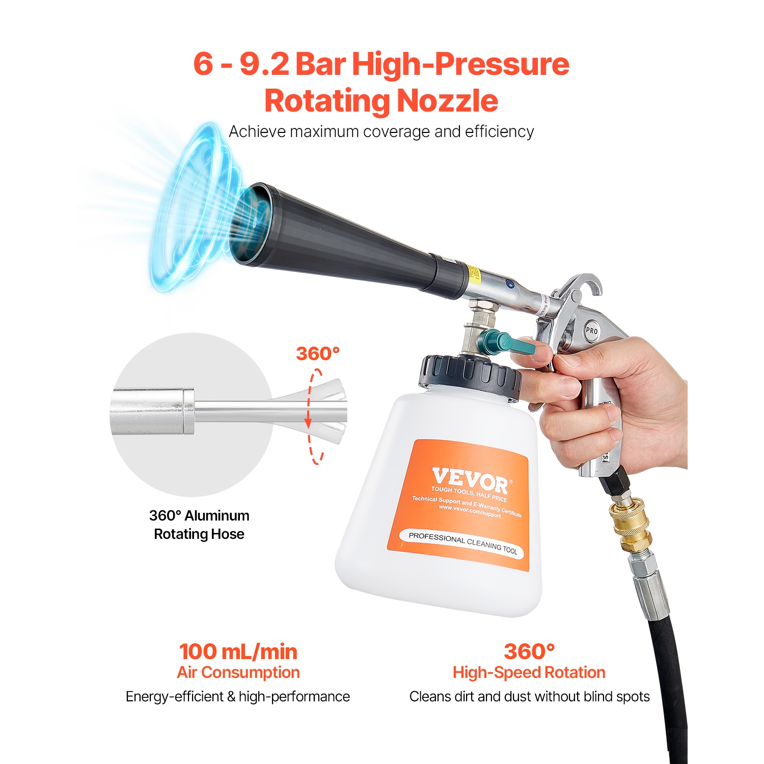 VEVOR 6-9.2 Bar Car Cleaning Gun, High-Pressure Air Blow Gun with 2 Set Nozzles & 1L Liquid Bottle, Vortex Cleaning Gun, Quickly Blasts Dirt,