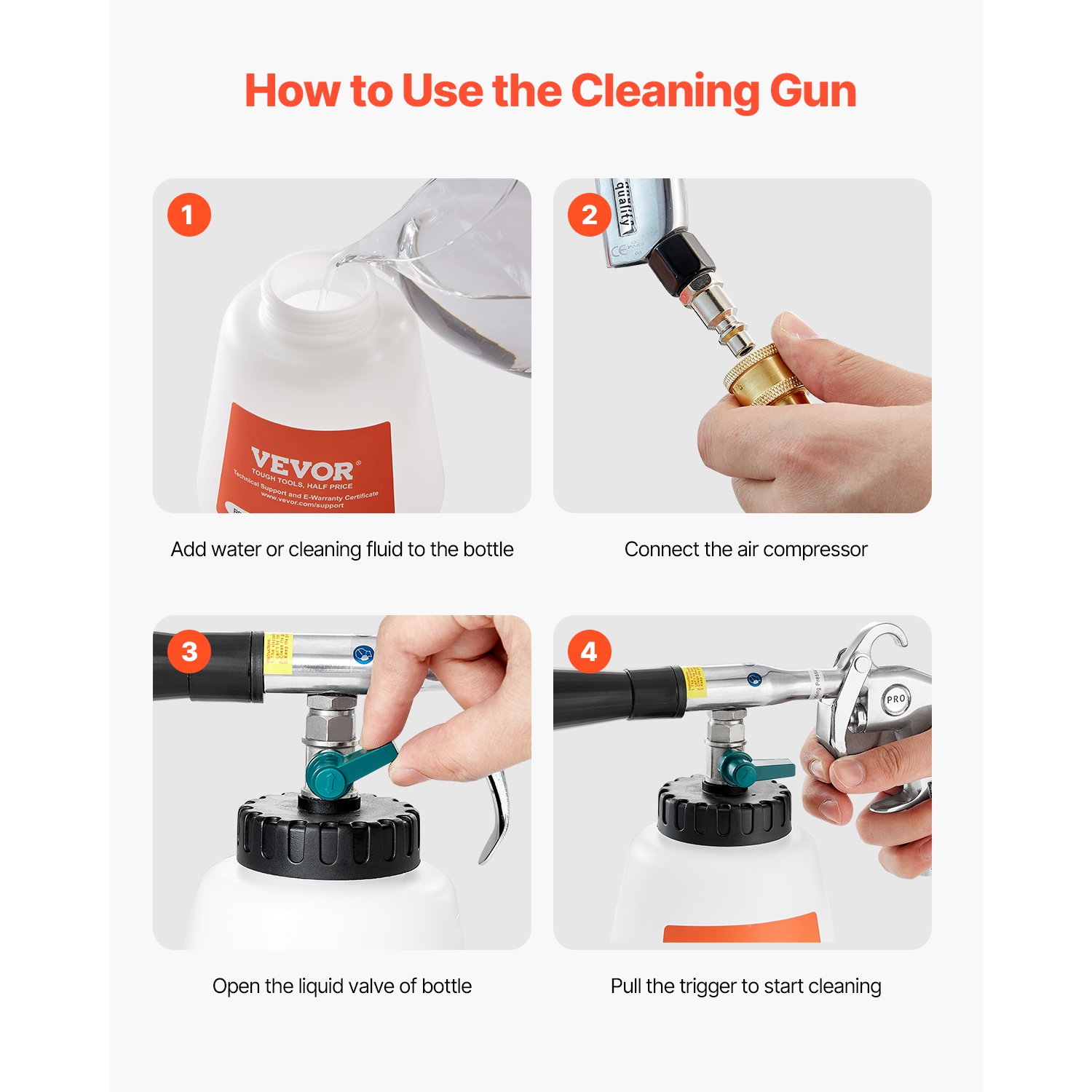 VEVOR 6-9.2 Bar Car Cleaning Gun, High-Pressure Air Blow Gun with 2 Set Nozzles & 1L Liquid Bottle, Vortex Cleaning Gun, Quickly Blasts Dirt,