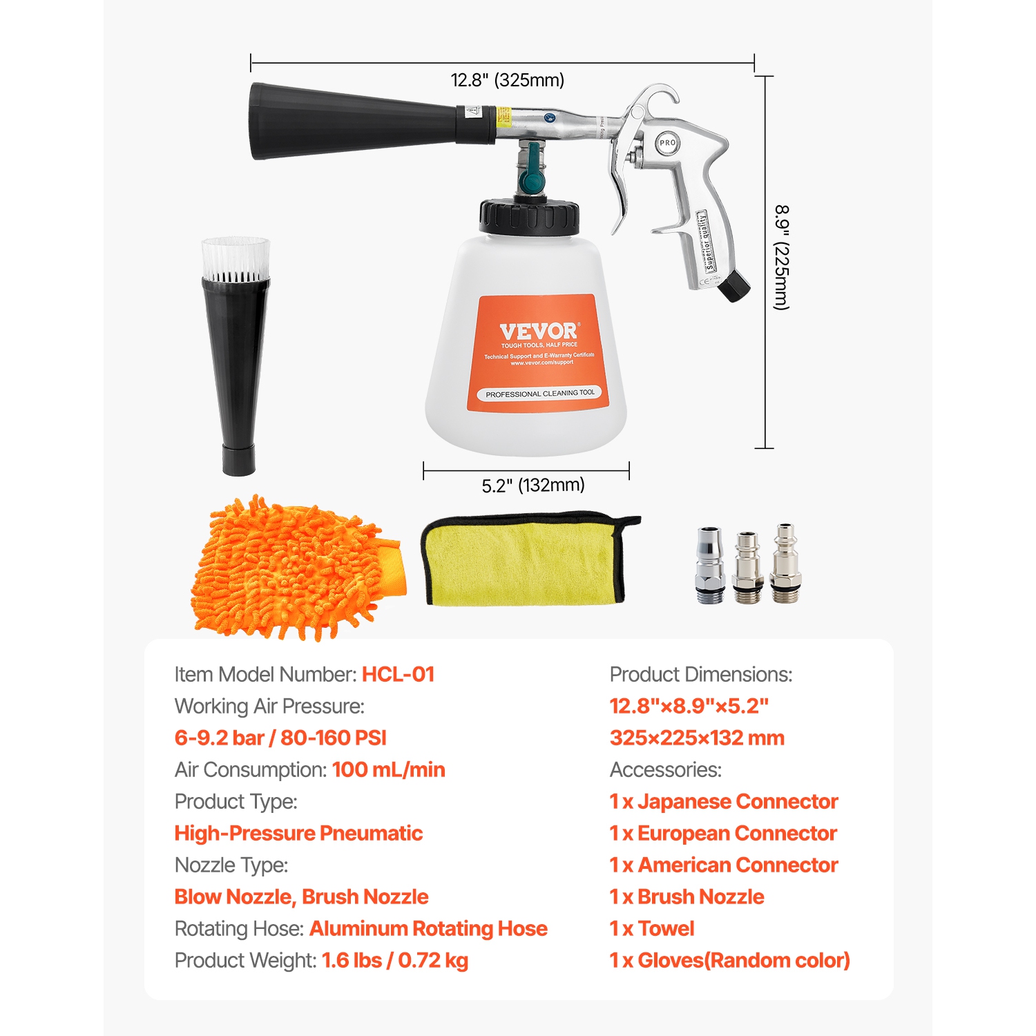 VEVOR 6-9.2 Bar Car Cleaning Gun, High-Pressure Air Blow Gun with 2 Set Nozzles & 1L Liquid Bottle, Vortex Cleaning Gun, Quickly Blasts Dirt,