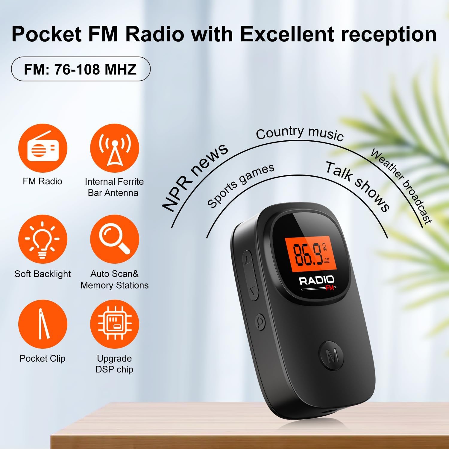Portable Pocket FM Radio with Clip,Mini Radio with Excellent Reception,LCD Display,Station Preset,Battery Operated Digital Radio for Walking Jogging