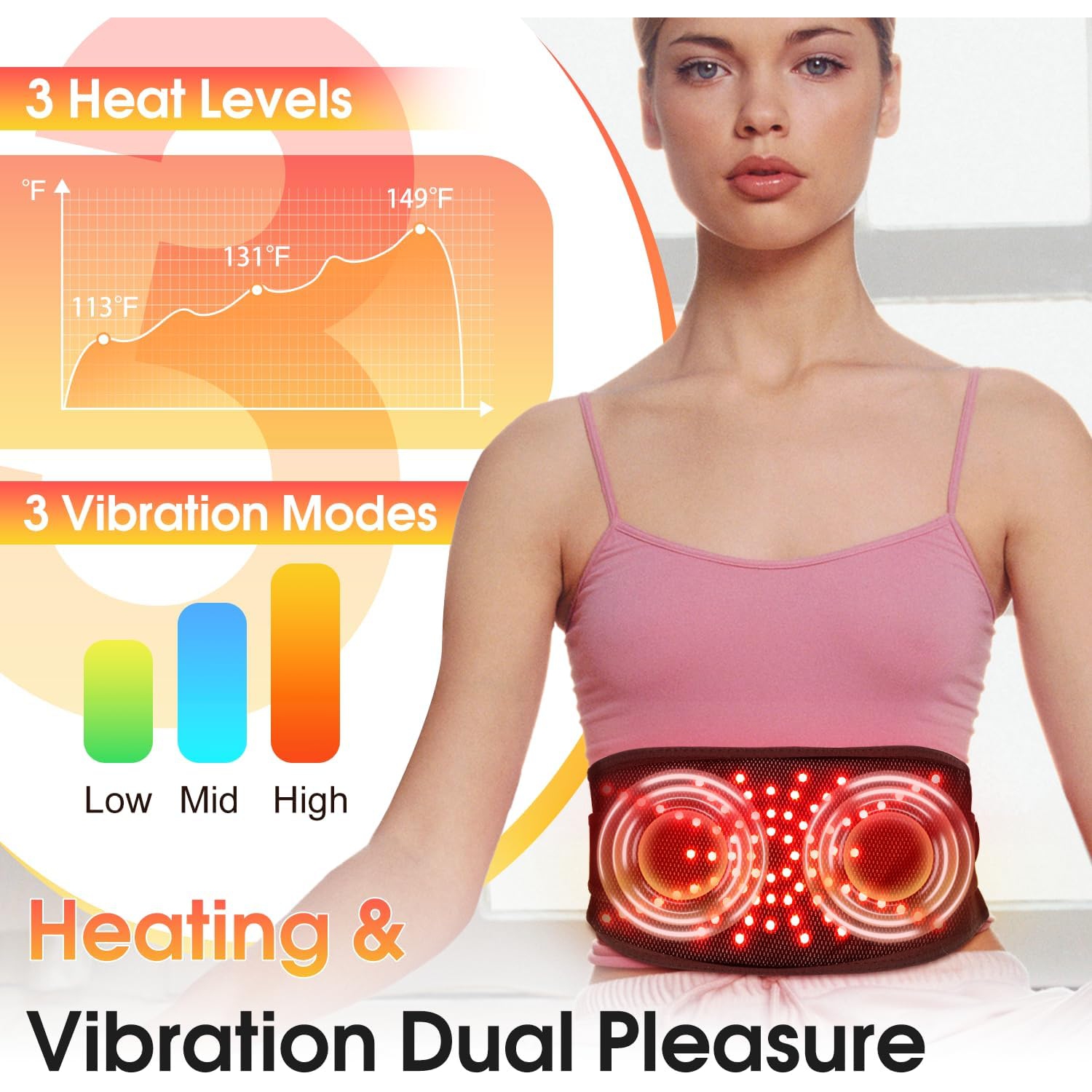 Cordless Heating Pad for Back Pain Relief,Portable Heated Waist Belt for Back,Electric Heating Waist Pad with 3 Heat & 3 Vibration,Battery Operated