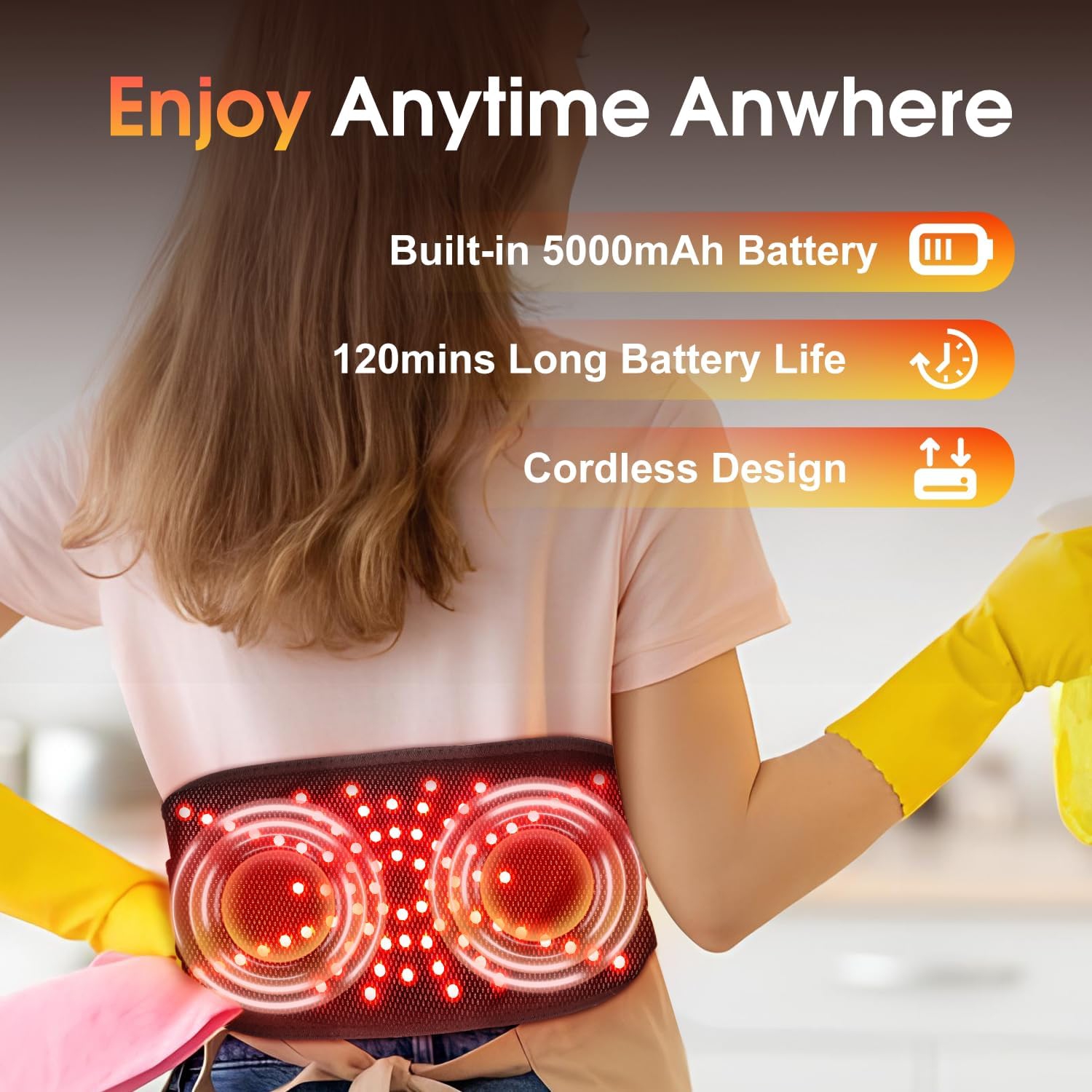 Cordless Heating Pad for Back Pain Relief,Portable Heated Waist Belt for Back,Electric Heating Waist Pad with 3 Heat & 3 Vibration,Battery Operated