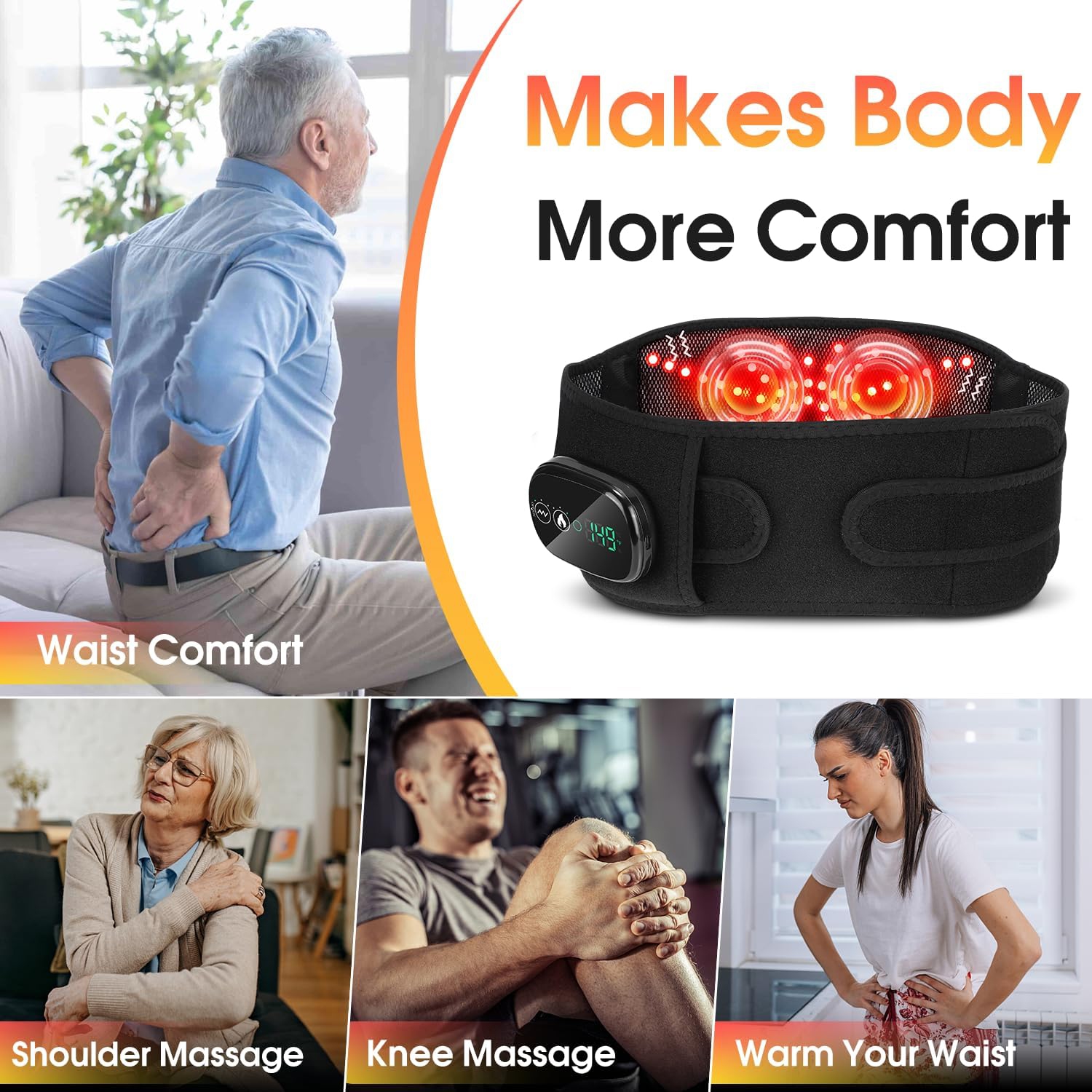 Cordless Heating Pad for Back Pain Relief,Portable Heated Waist Belt for Back,Electric Heating Waist Pad with 3 Heat & 3 Vibration,Battery Operated